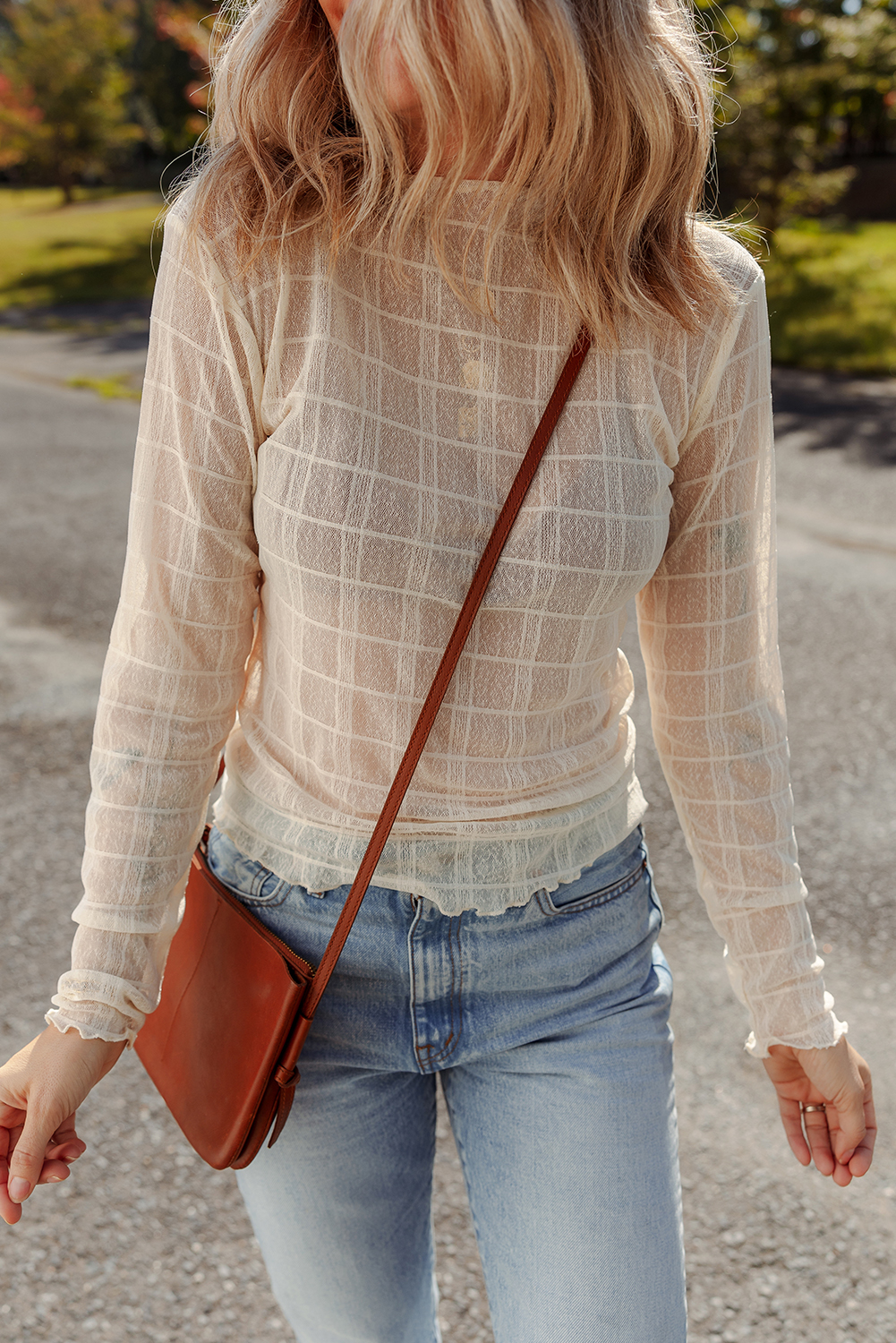 White Sheer Plaid Mesh Lettuce Trim Slim Fit Long Sleeve Top - loveforevers