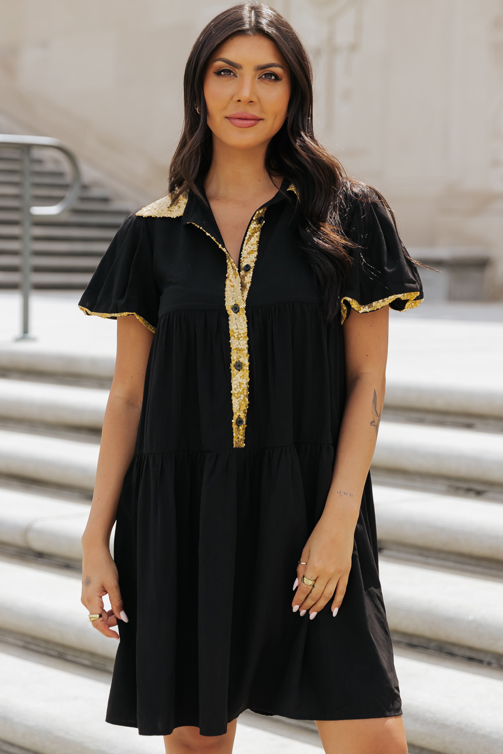 Black Sequin Trim Bubble Sleeve Game Day Shirt Dress - loveforevers