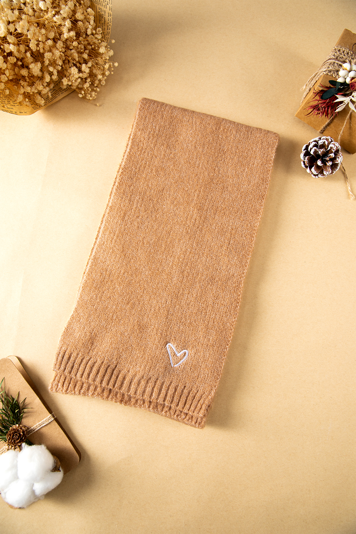 Thai Curry Tiny Heart Embroidered Detail Ribbed Trim Warm Knit Scarf - loveforevers