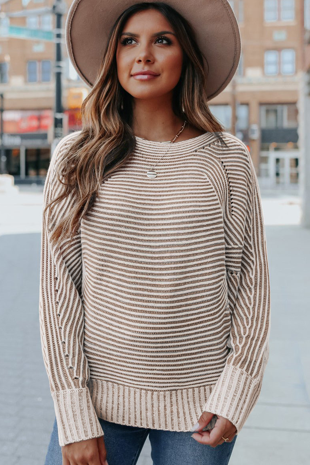 Coffee Striped Print Ribbed Knit Boat Neck Baggy Sweater - loveforevers