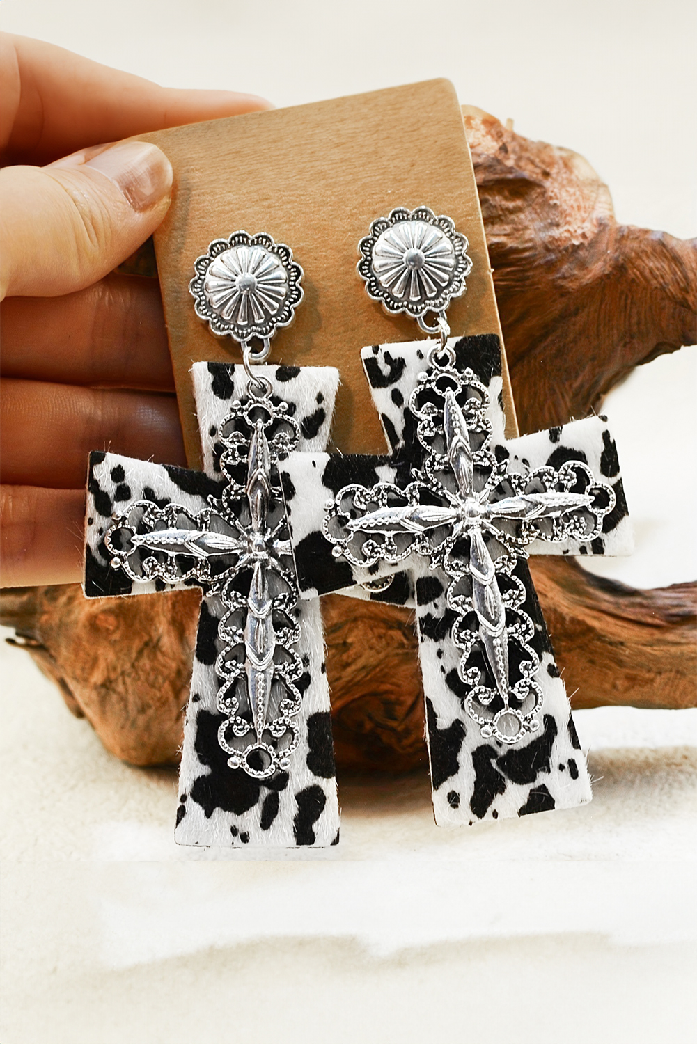 Silvery Cow Spots Faith Cross Western Fashion Dangle Earrings - loveforevers