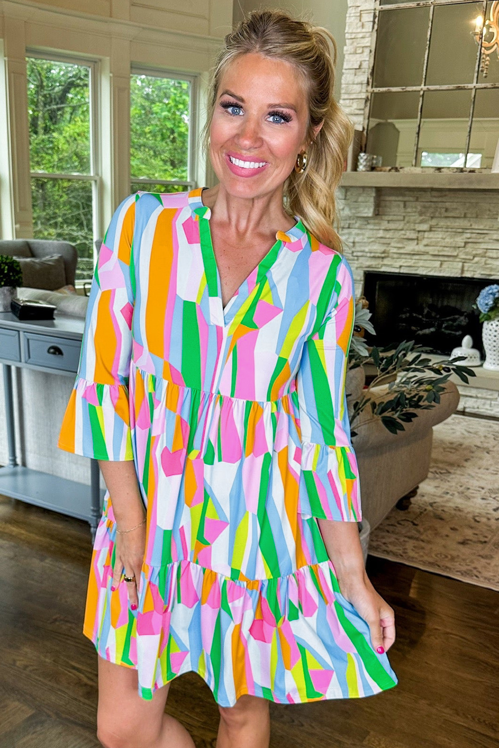 Green Abstract Print Ruffled Sleeve V Neck Dress - loveforevers