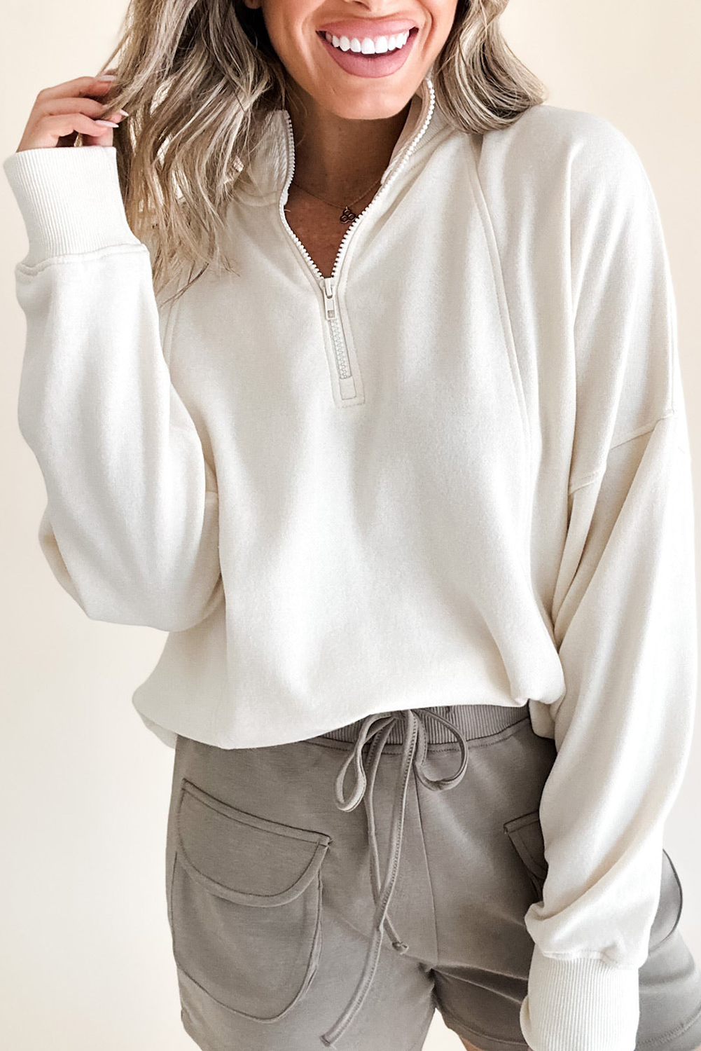 Fushia Zipped Neck Pullover Drop Shoulder Sweatshirt - loveforevers