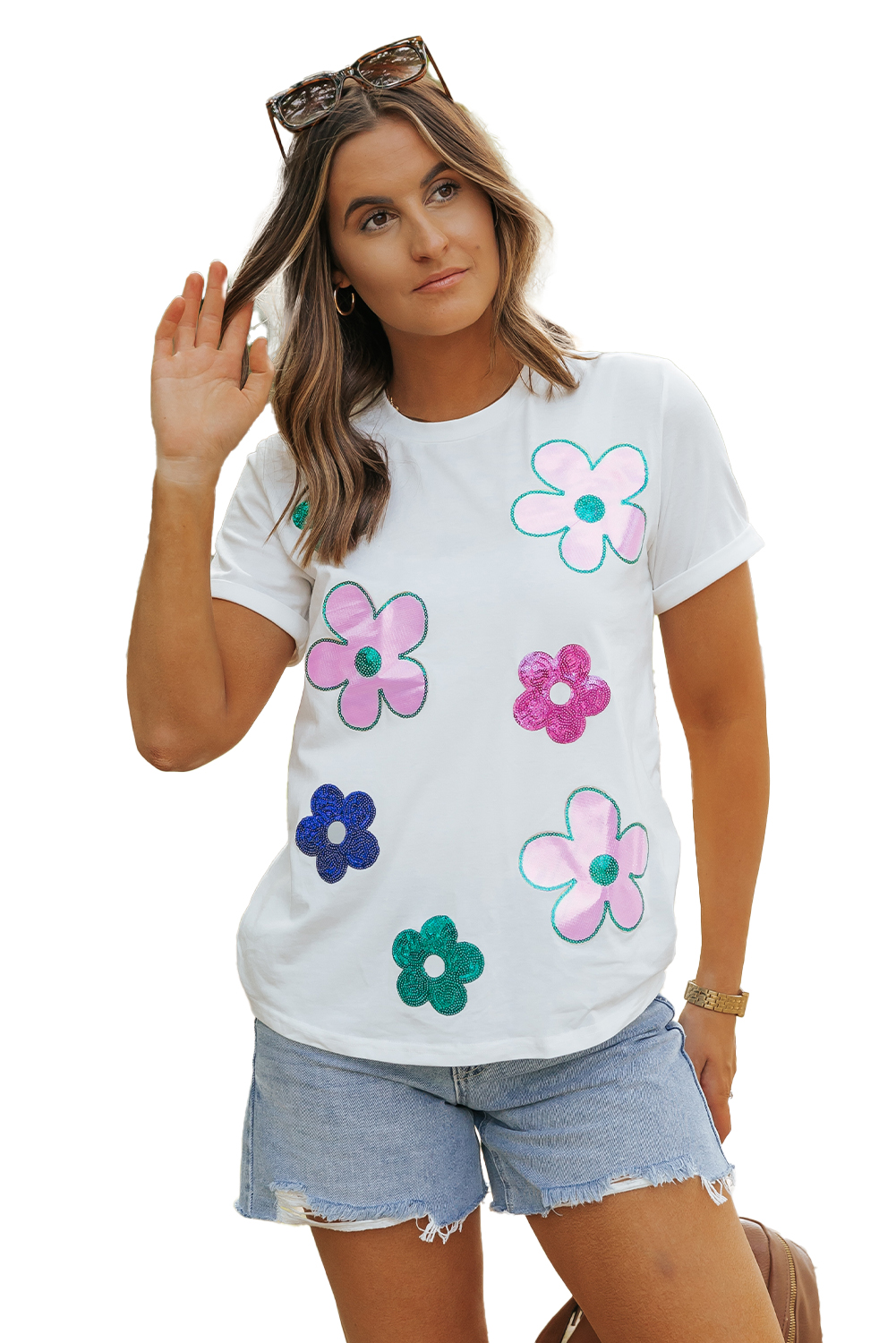 White Sequined Flower Pattern Round Neck T Shirt - loveforevers