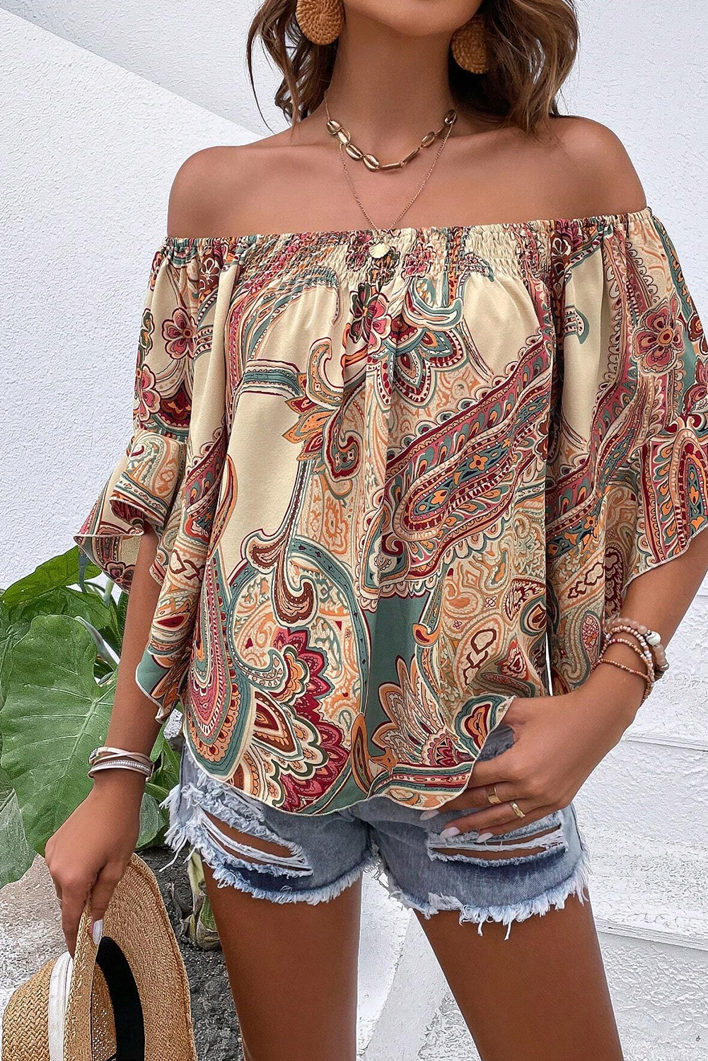Apricot Paisley Printed Shirred Off Shoulder Ruffled Draped Sleeve Blouse - loveforevers