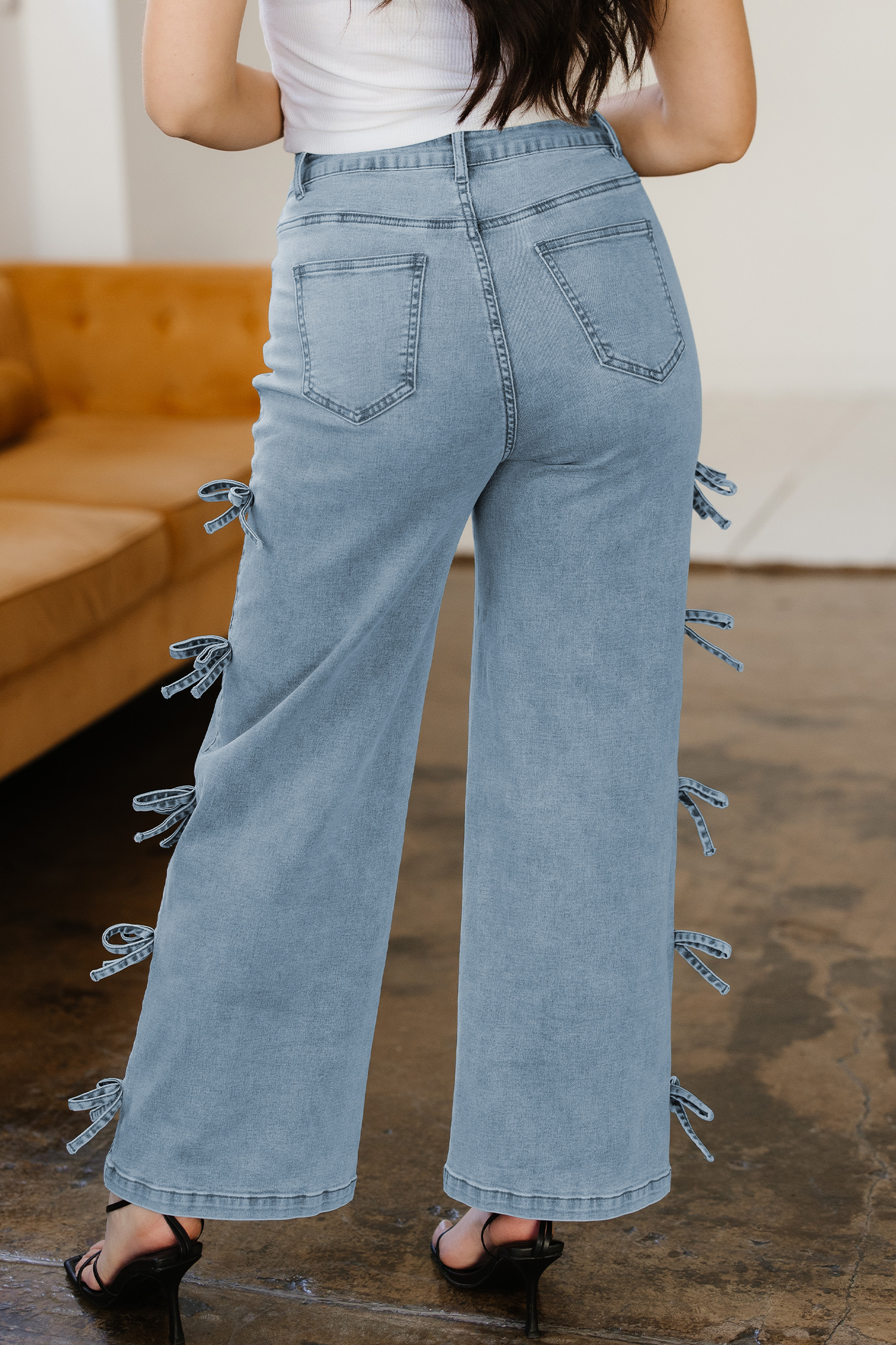 White Bow Knot Side Detail Straight Leg Loose Jeans - loveforevers