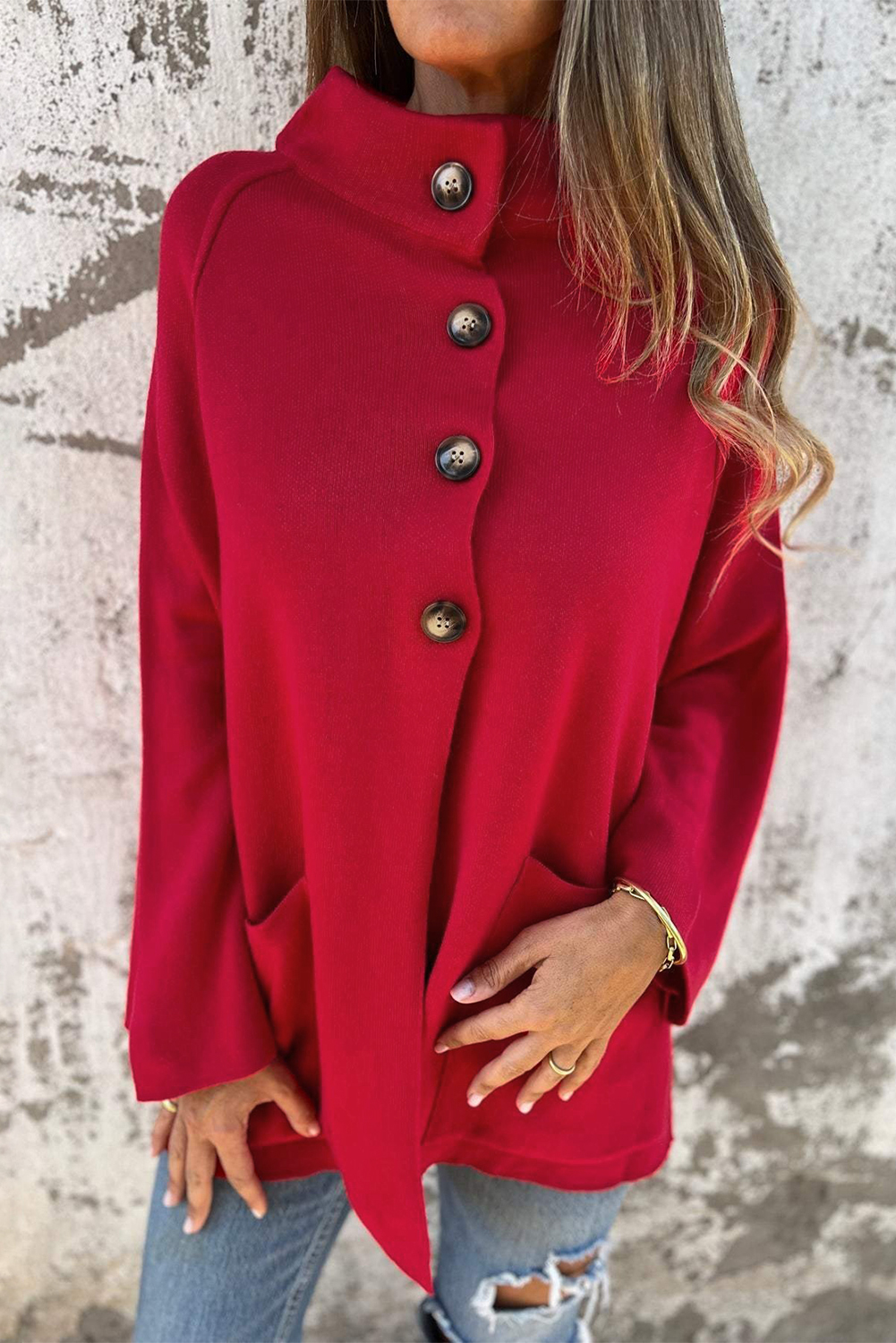 Fiery Red Collared Button Front Wrapped Cardigan Jacket - loveforevers