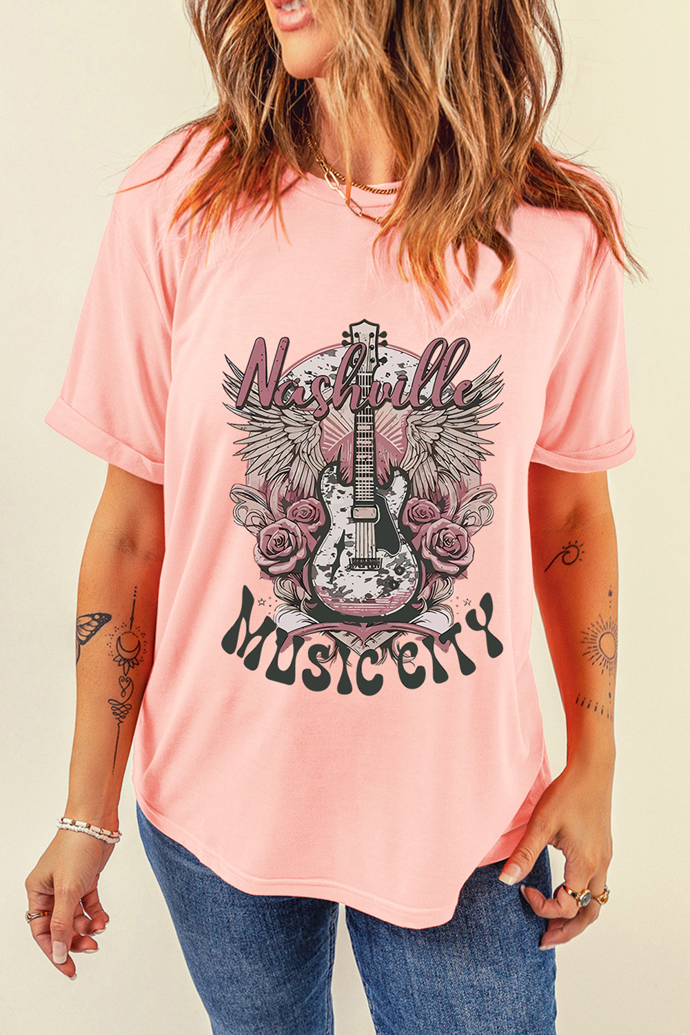 Pink Nashville MUSIC CITY Guitar Graphic Crewneck Tee - loveforevers