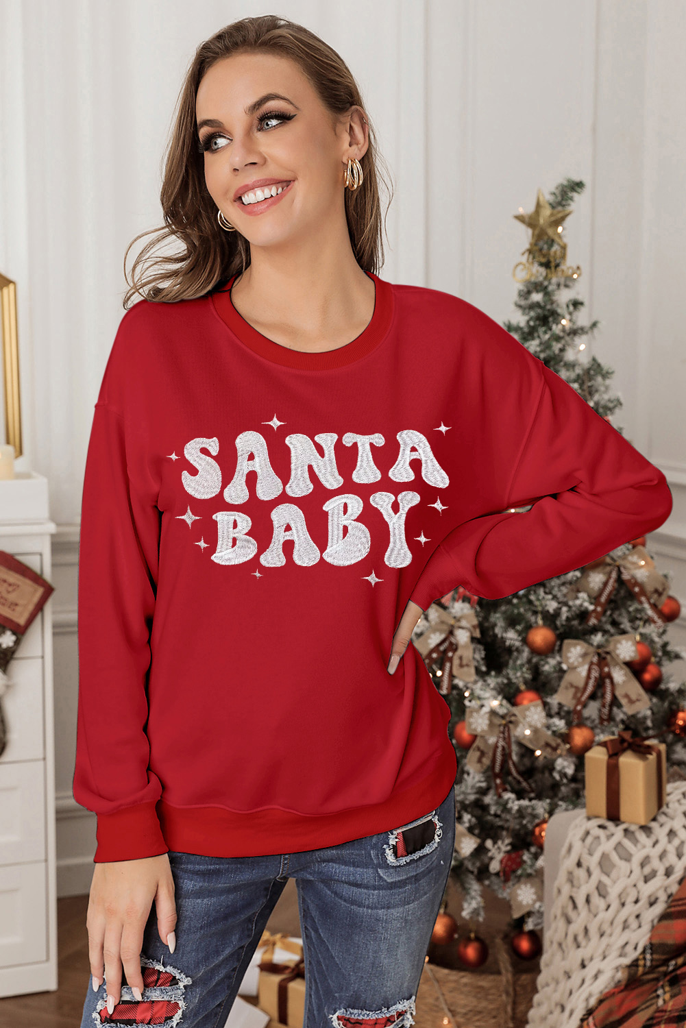 Red SANTA BABY Embroidered Crewneck Christmas Sweatshirt - loveforevers