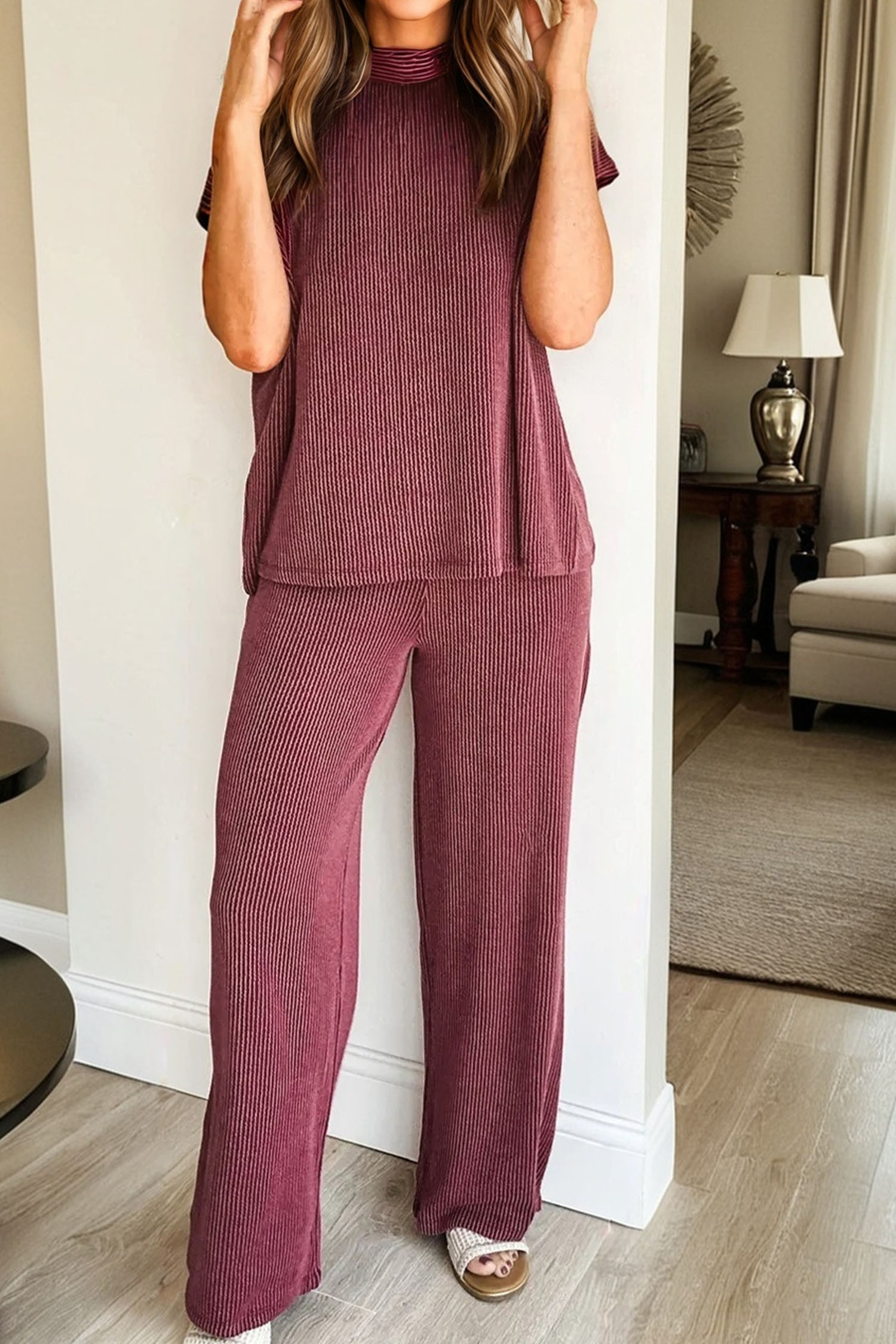 Dark Grey Twisted Ribbed High Neck Loose Tee Elastic High Waist Loose Pant Set - loveforevers