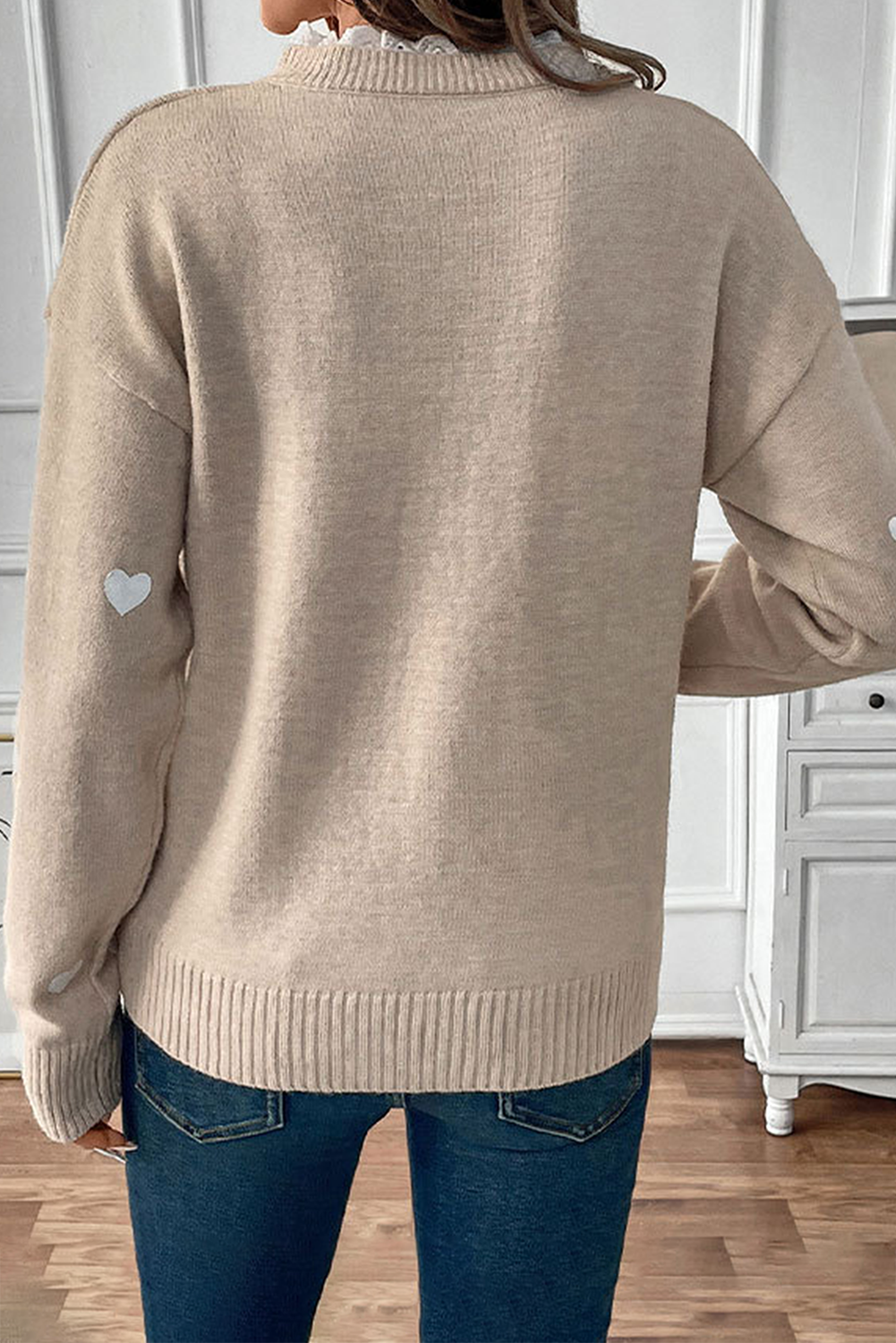 Smoke Gray Heart Print Lace Splicing V Neck Valentines Sweater - loveforevers