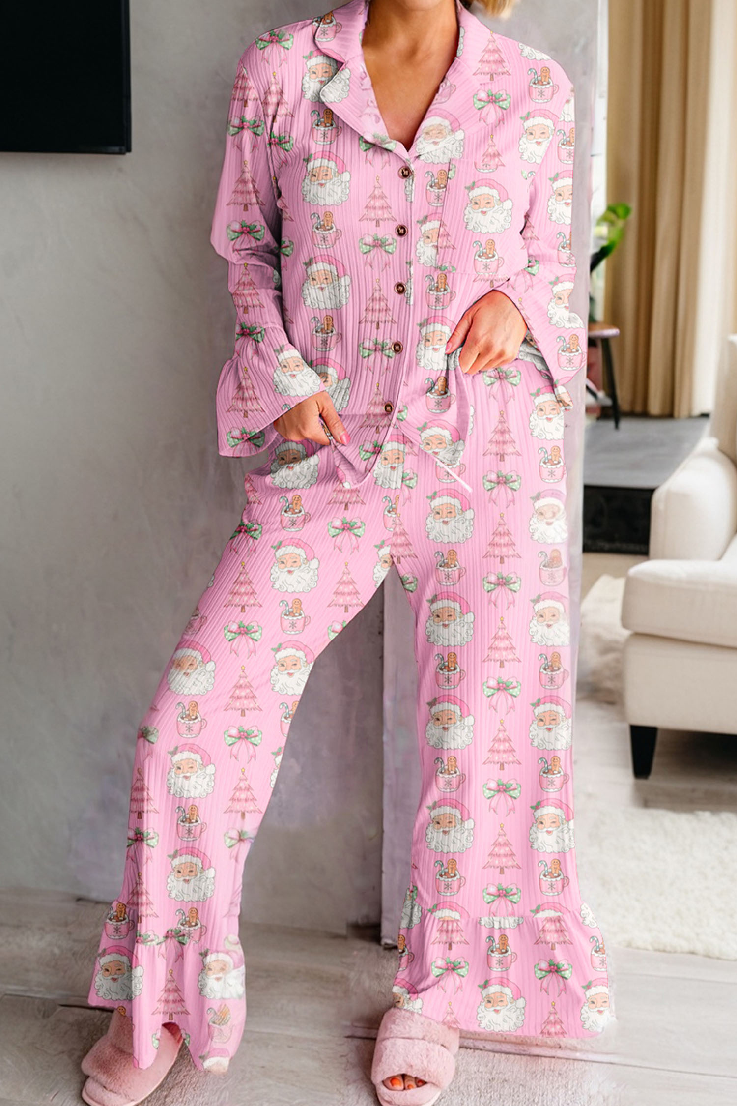 Pink Christmas Print Ruffled Ribbed Shirt & Pants 2 Piece PJ Set - loveforevers