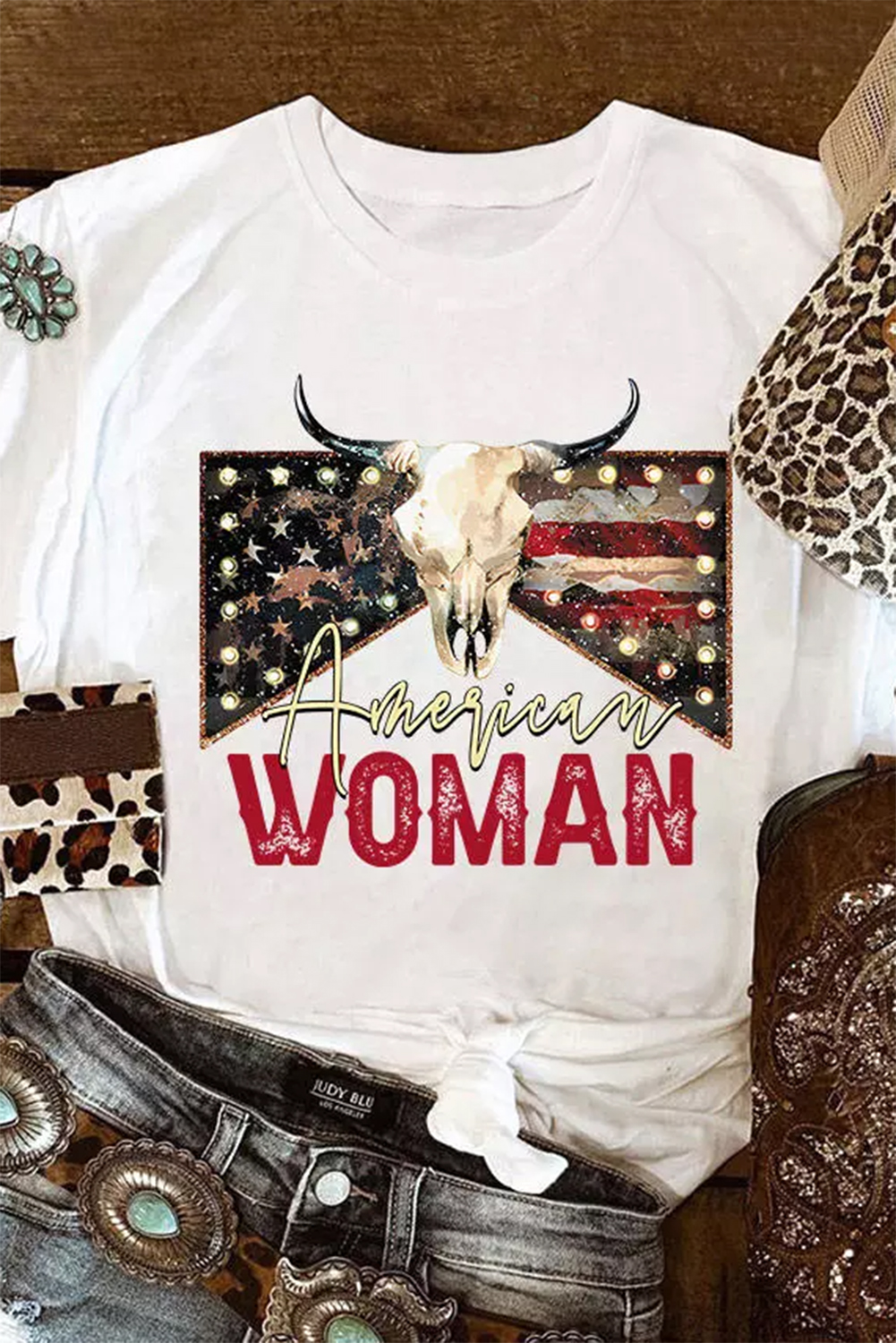 White American Woman Bull Skull Graphic T Shirt - loveforevers