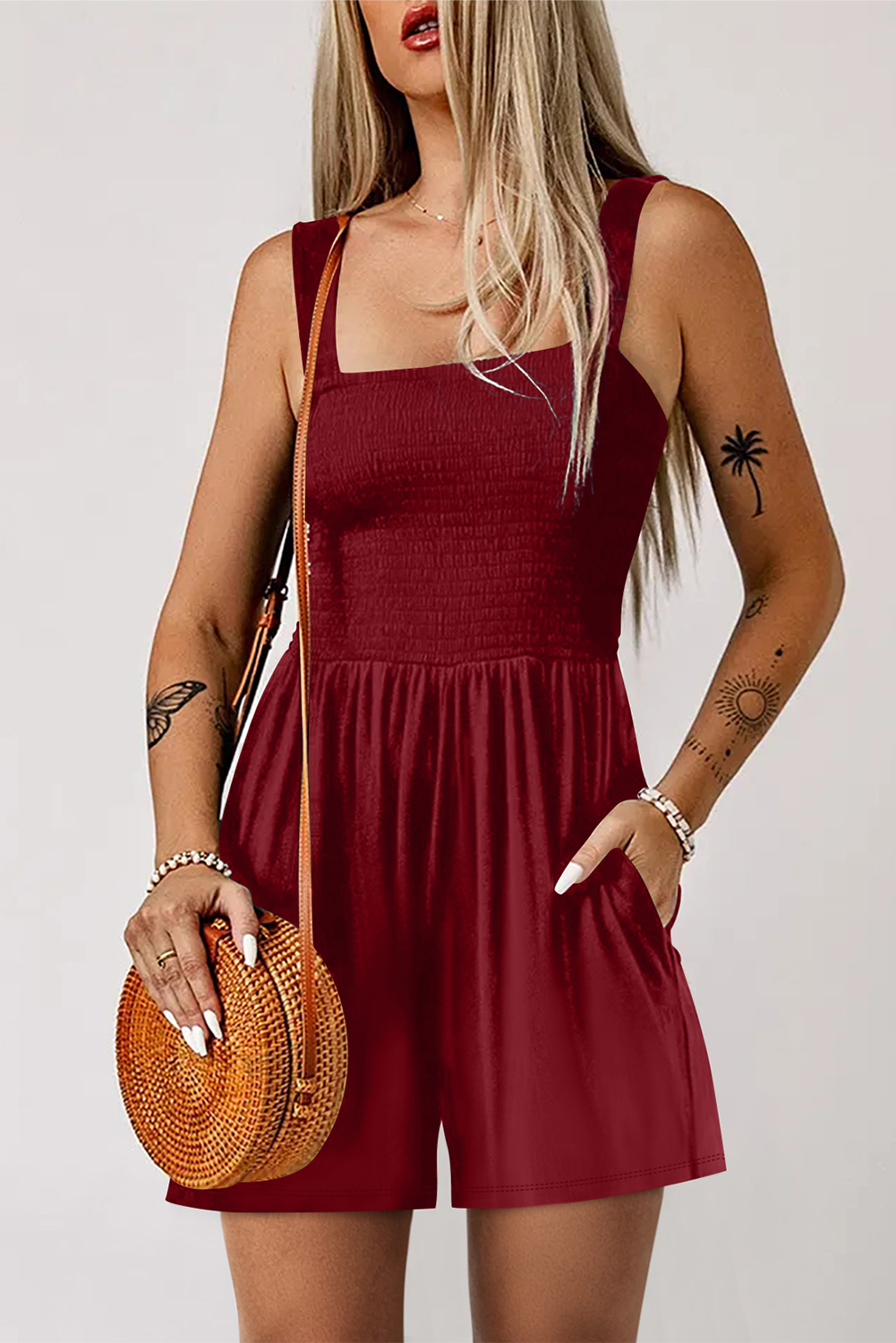 Burgundy Casual Pocketed Smocked Sleeveless Romper - loveforevers