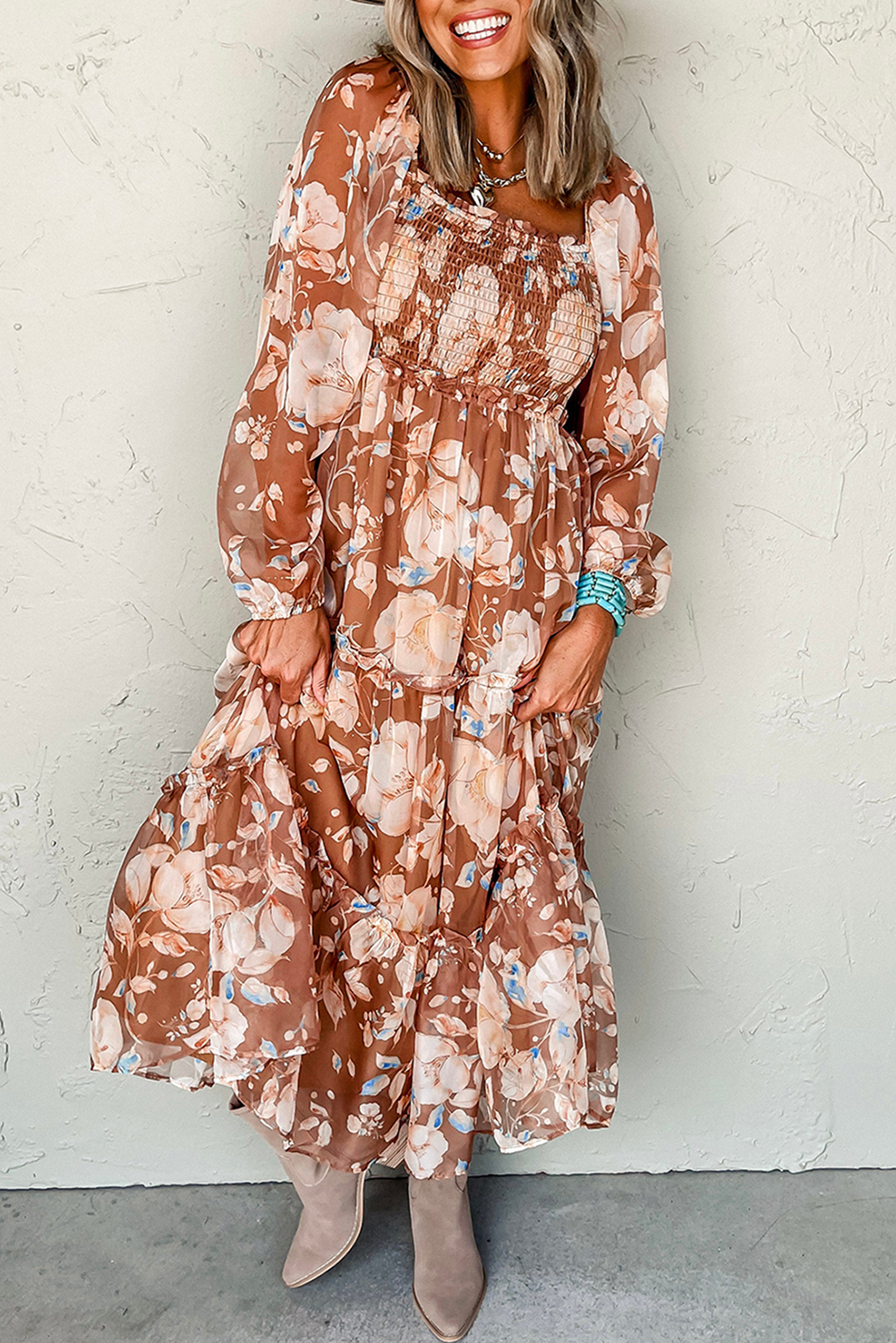 Brown Floral Print Shirred Square Neck High Waist Maxi Dress - loveforevers