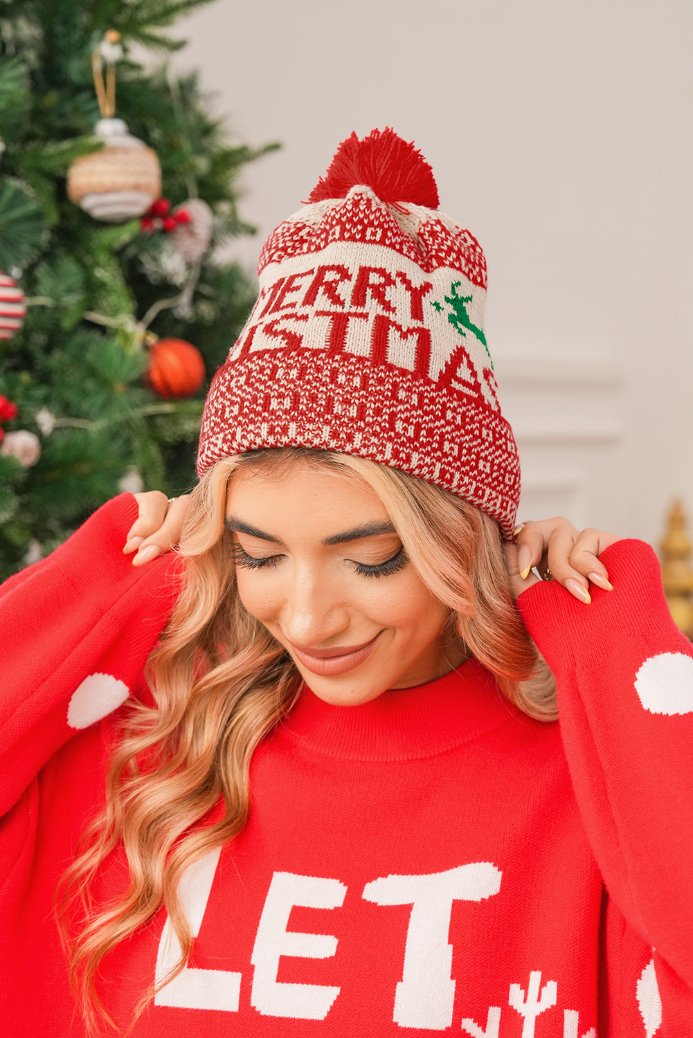 Fiery Red MERRY CHRISTMAS Winter Beanie Hat - loveforevers