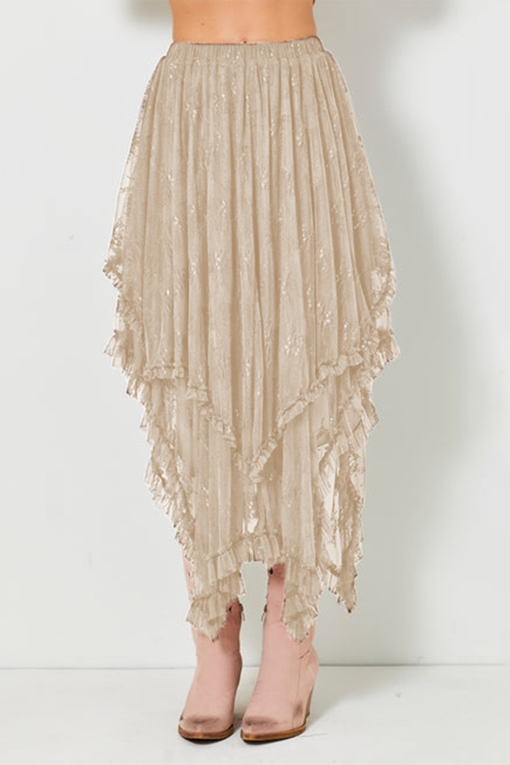Apricot Lace Cascading Tiered High Waist Maxi Skirt - loveforevers