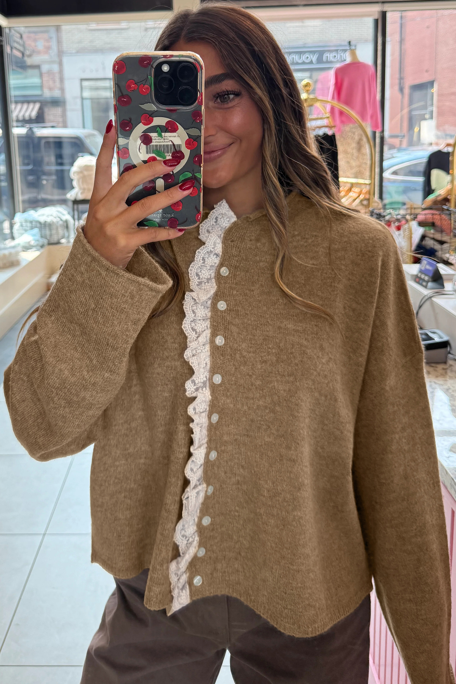 Simply Taupe Contrast Frilled Lace Trim Loose Cardigan Sweater - loveforevers