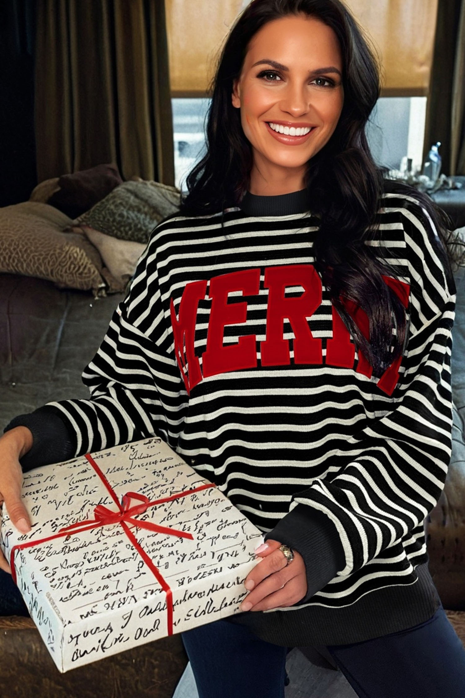 White Stripe Contrast MERRY Letter Christmas Print Drop Shoulder Sweatshirt - loveforevers