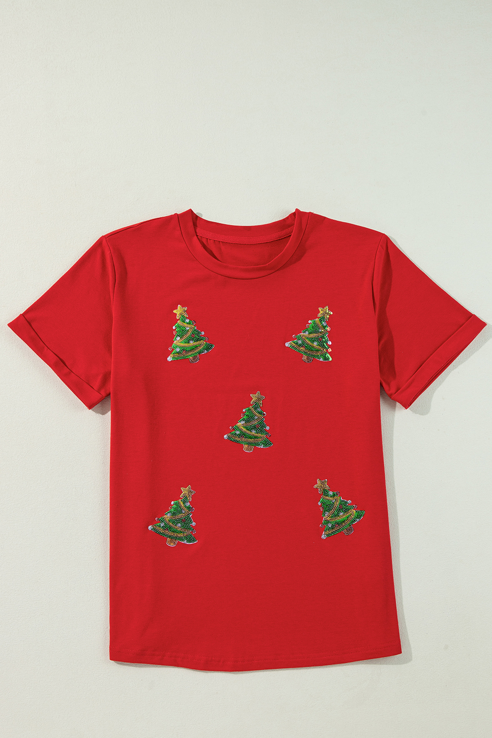 Red Sequined Christmas Tree Graphic Crewneck T Shirt - loveforevers