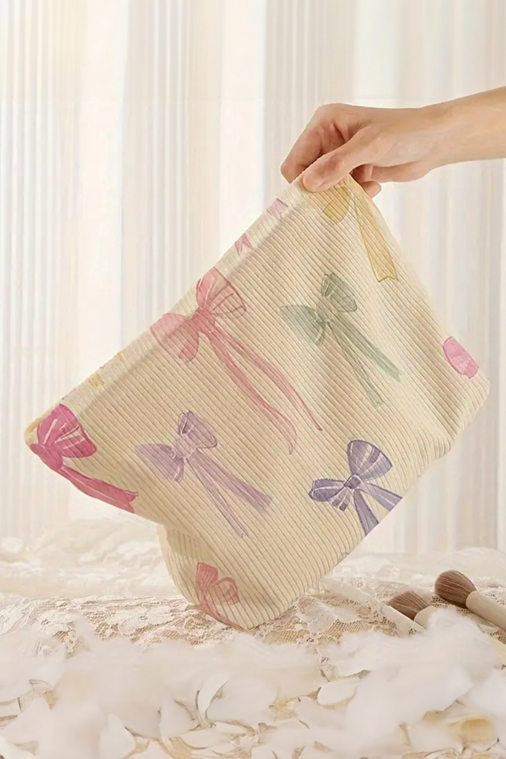 Beige Bow Knot Print Zipper Corduroy Large Cosmetic Bag - loveforevers