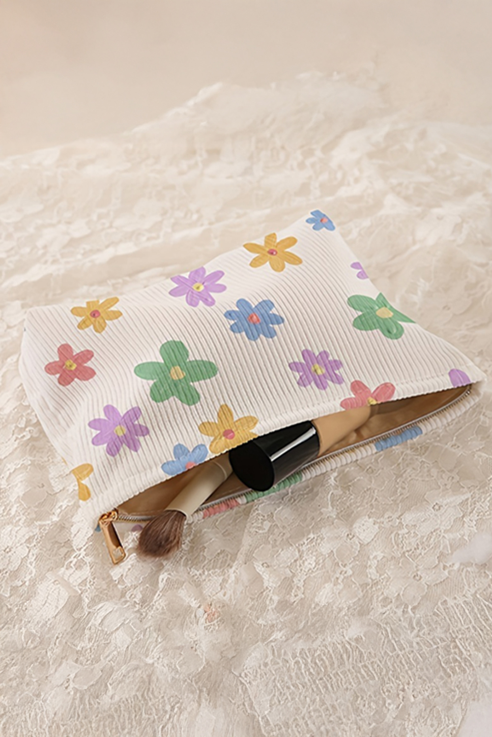 White Flower Print Rib Textured Large Cosmetic Bag - loveforevers