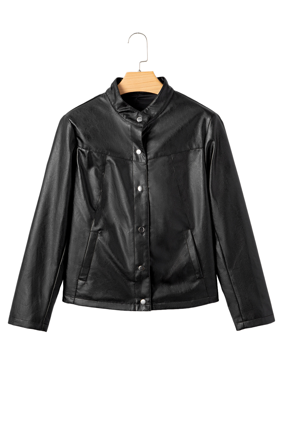 Black Faux Leather Buttoned Front Boxy Jacket - loveforevers
