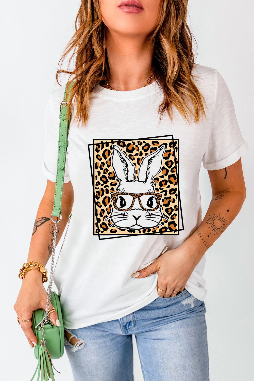 White Leopard Cute Bunny Graphic Crewneck Easter Tee - loveforevers