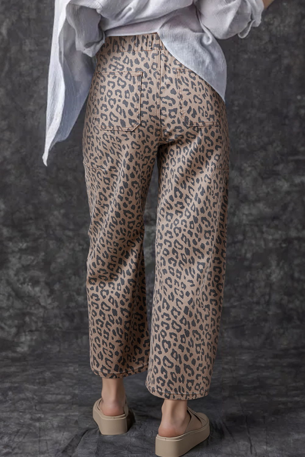 Khaki Leopard Printed Drawstring Elastic Waistband Pocketed Wide Leg Jeans - loveforevers