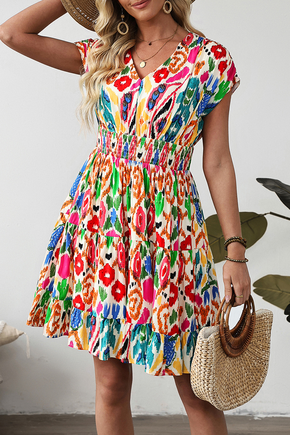 Sky Blue Abstract Print V Neck Dolman Sleeve Ruffle Tiered Mini Dress - loveforevers