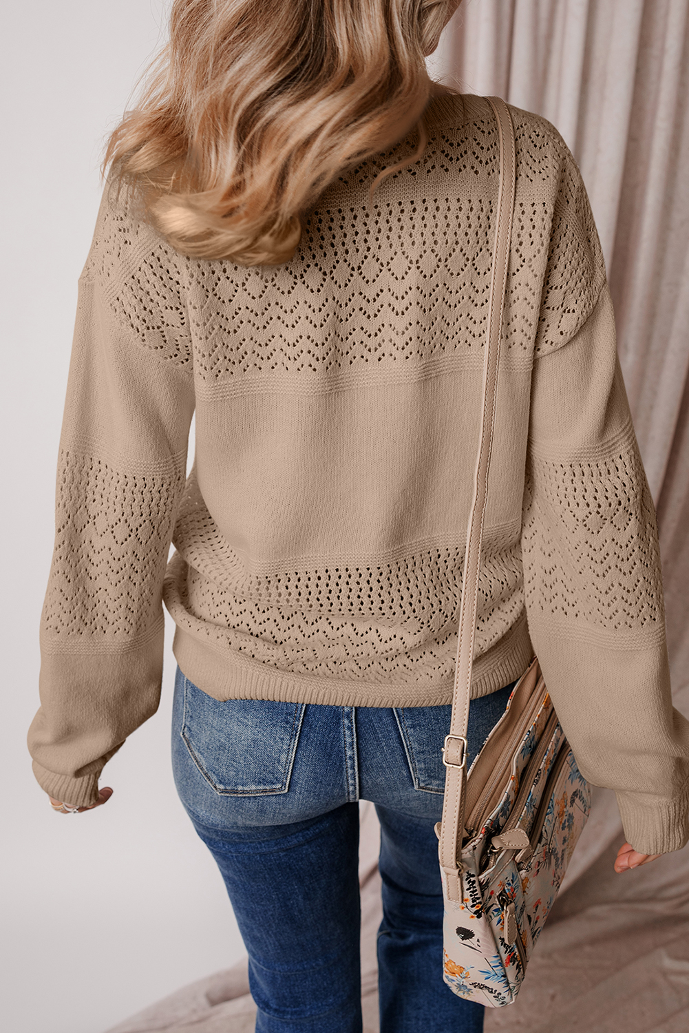 Sky Blue Eyelet Pattern Detail V Neck Drop Shoulder Sweater - loveforevers