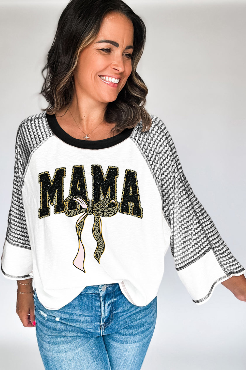 Black MAMA Leopard Bow Print Contrast Sleeves Loose Top - loveforevers