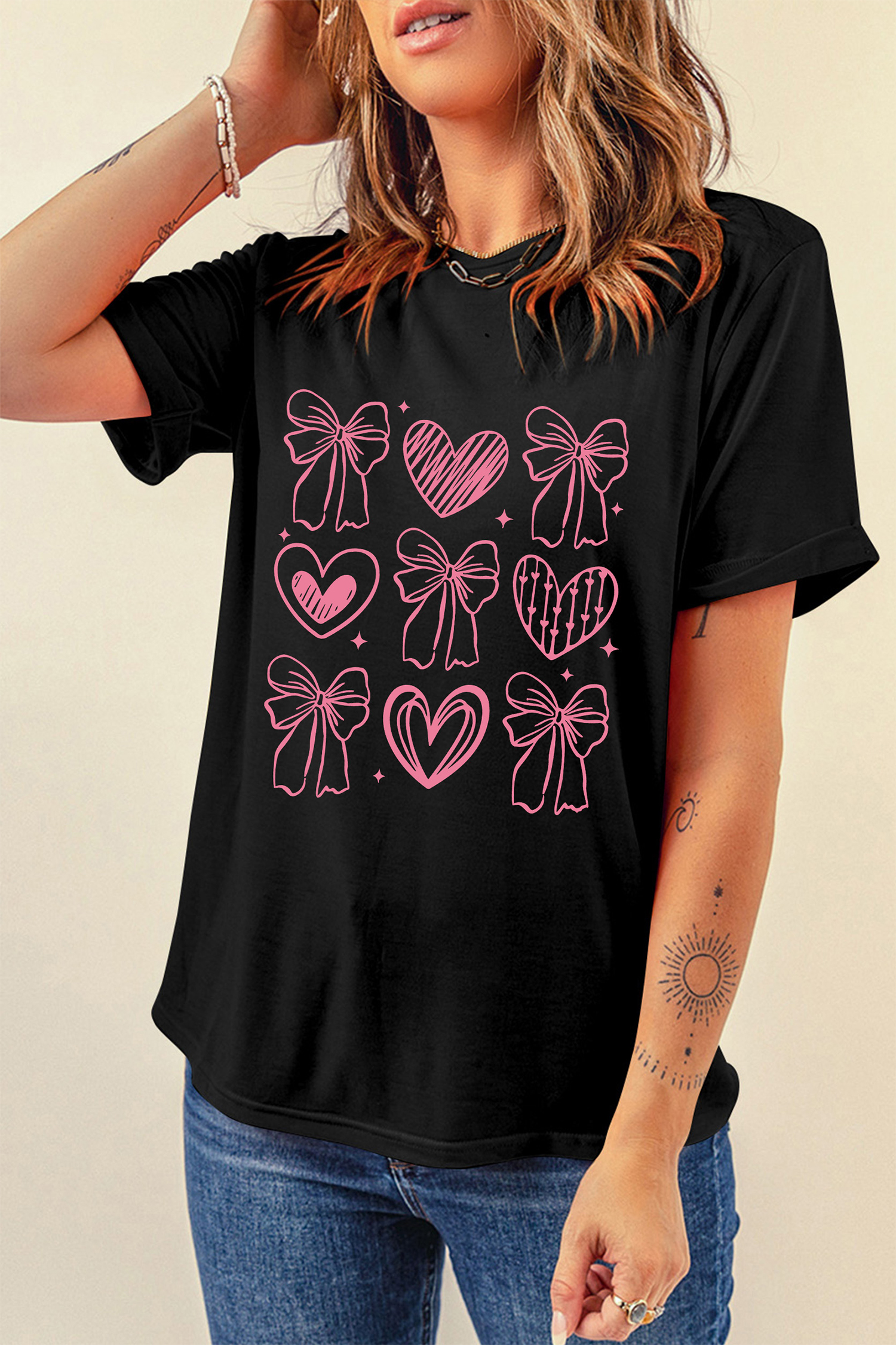 Black Cute Bow Heart Printed Valentines Day T Shirt - loveforevers