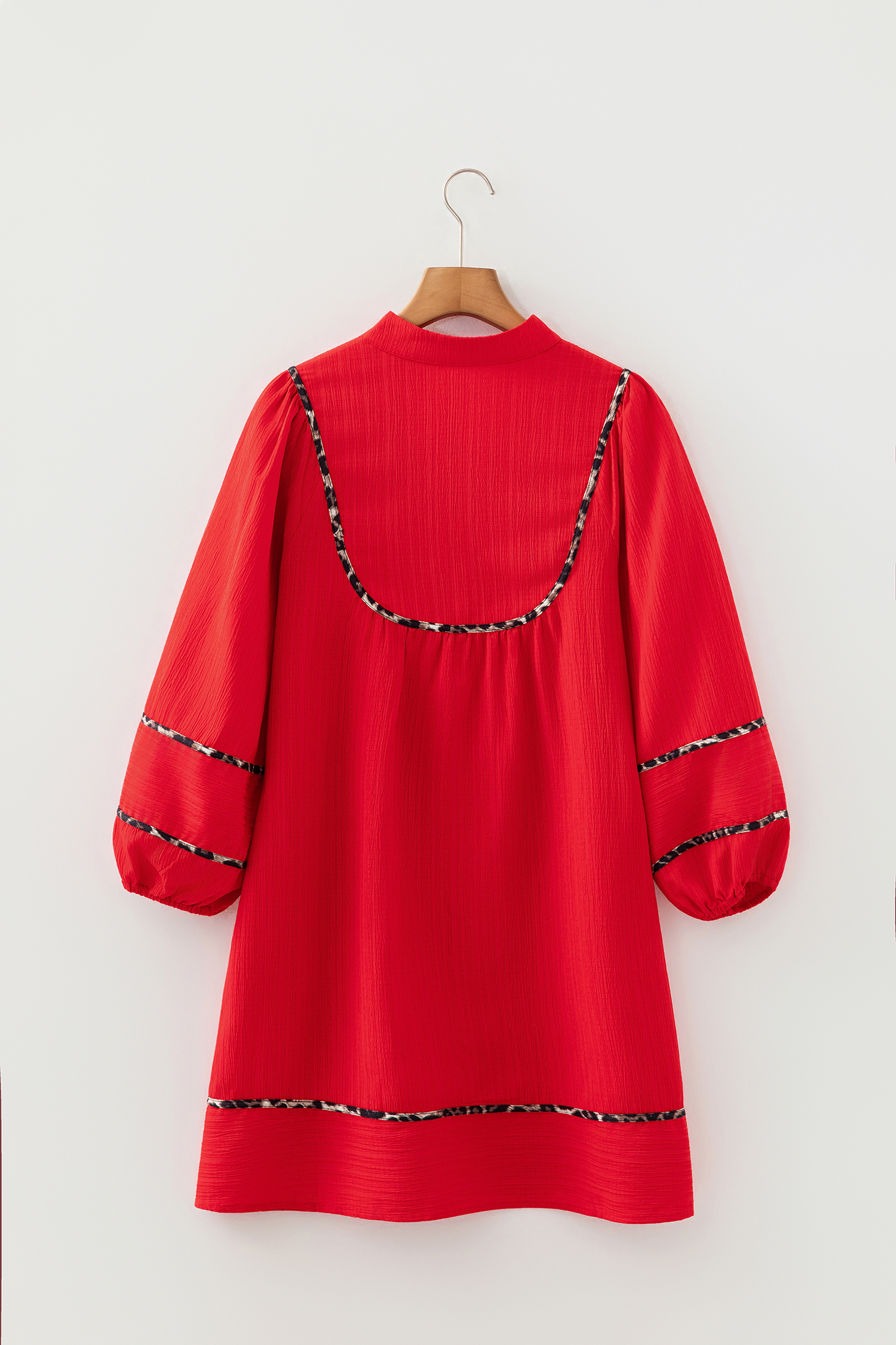 Fiery Red Textured V Neck Leopard Contrasted Trim Long Sleeve Shift Mini Dress - loveforevers