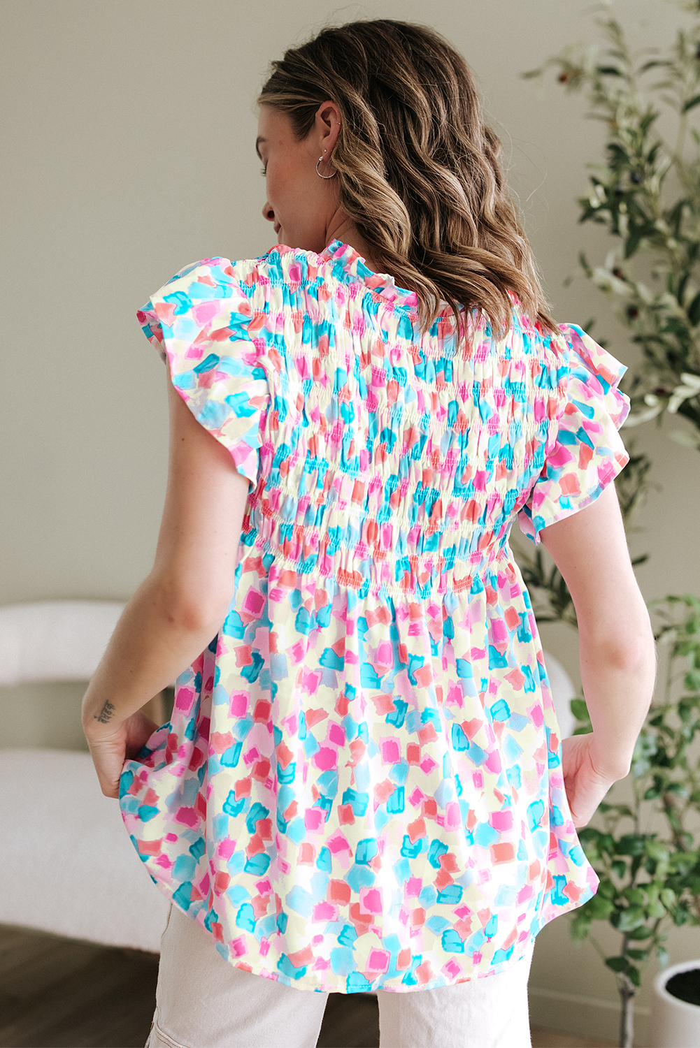 Sky Blue Shirred Yoke Ruffled Abstract Printed Blouse - loveforevers