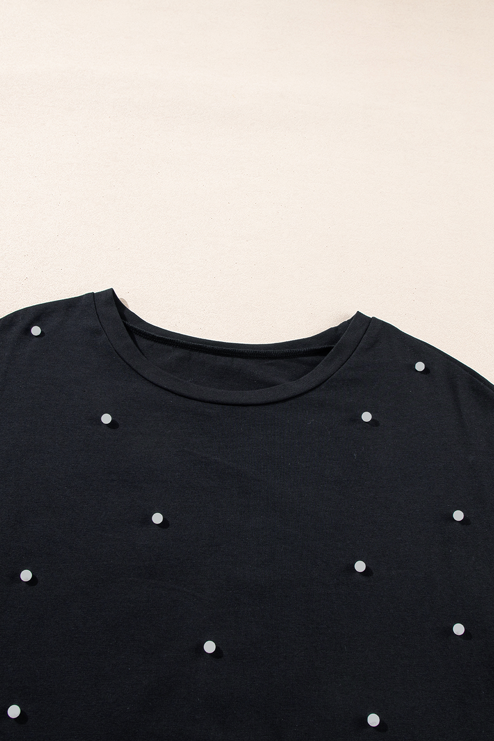 Black Pearl Beaded  Drop Shoulder Crewneck T Shirt - loveforevers