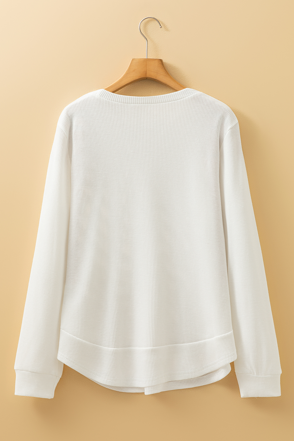 White Rounded Hem Waffle Long Sleeve Top - loveforevers