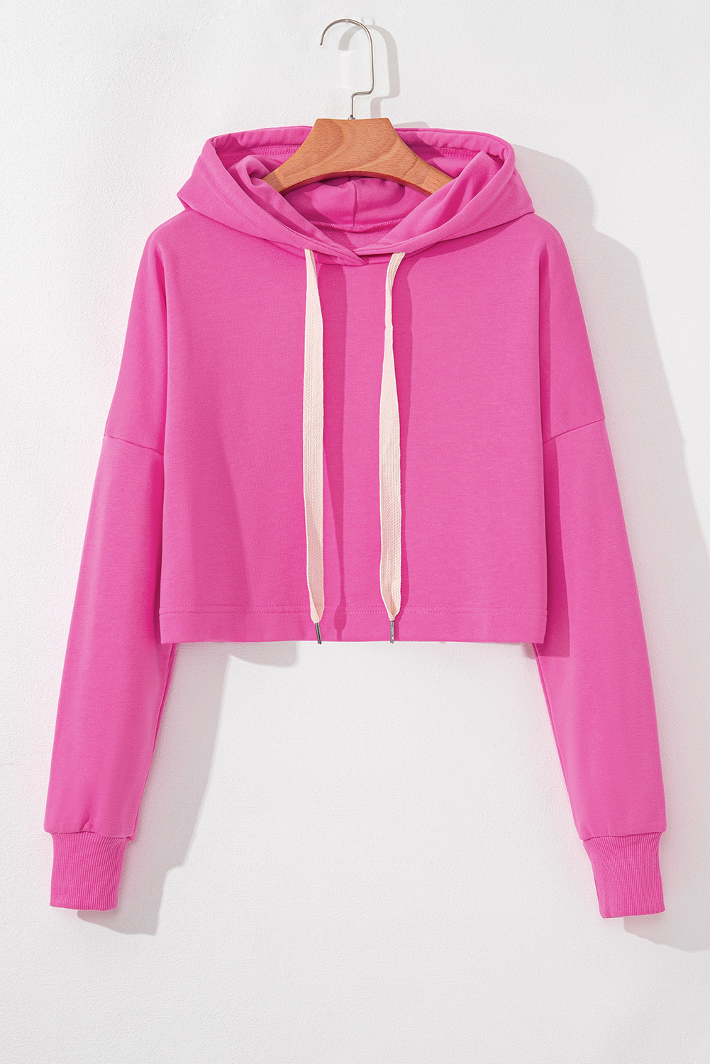 Black Solid Drop Shoulder Drawstring Cropped Hoodie - loveforevers