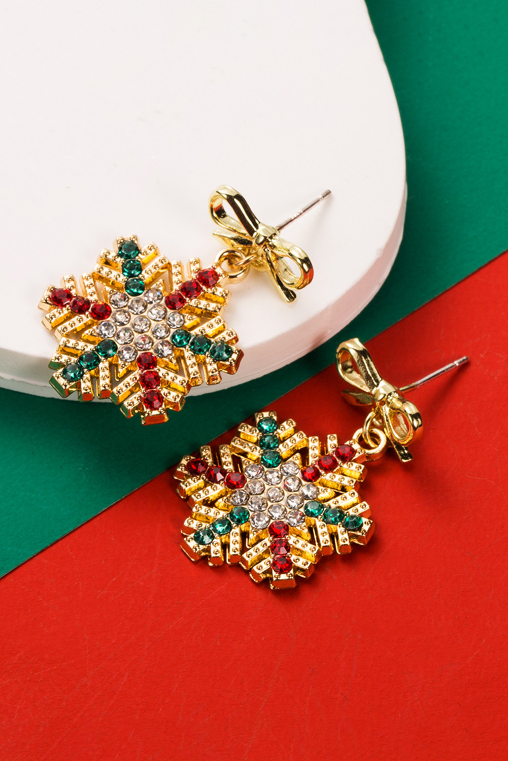 Gold Plated Bow Stud Rhinestone Embellished Snowflake Earrings - loveforevers