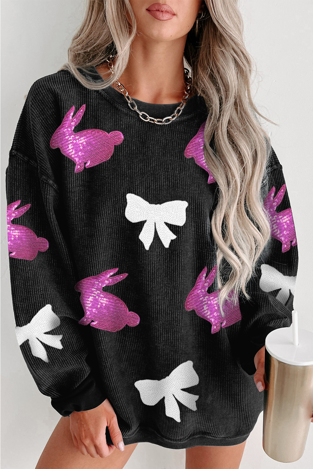 Black Sequined Bunny Bow Easter Fashion Corded Sweatshirt - loveforevers