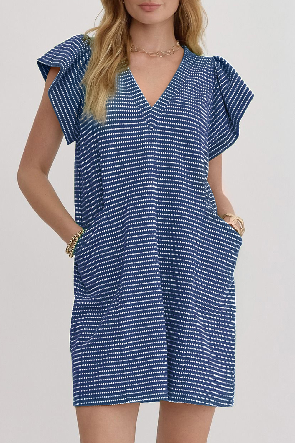 Blue Stripe Textured Knit V Neck Flutter Sleeve Shift Mini Dress - loveforevers