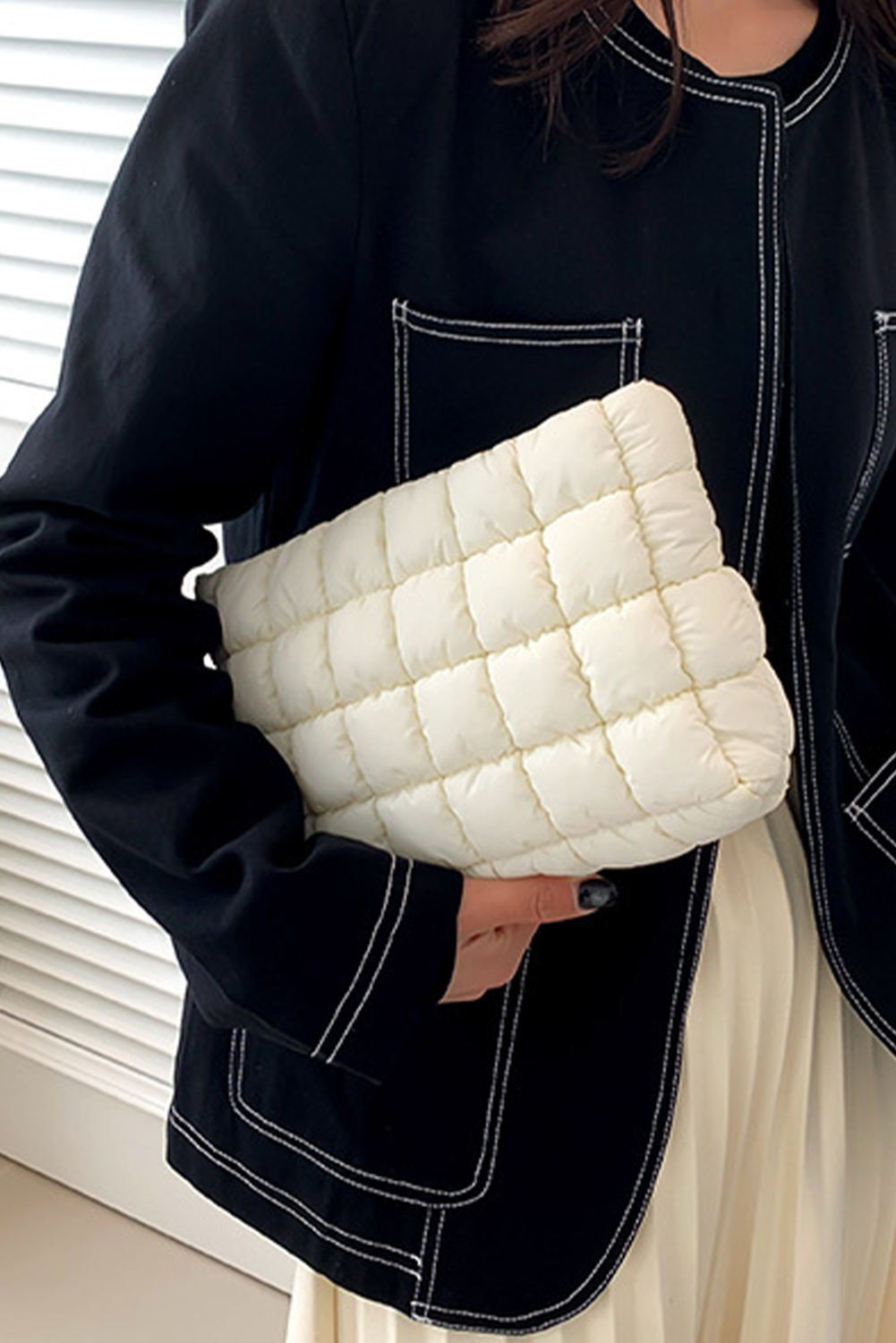 White Zipper Quilted Puffer Cosmetic Bag - loveforevers