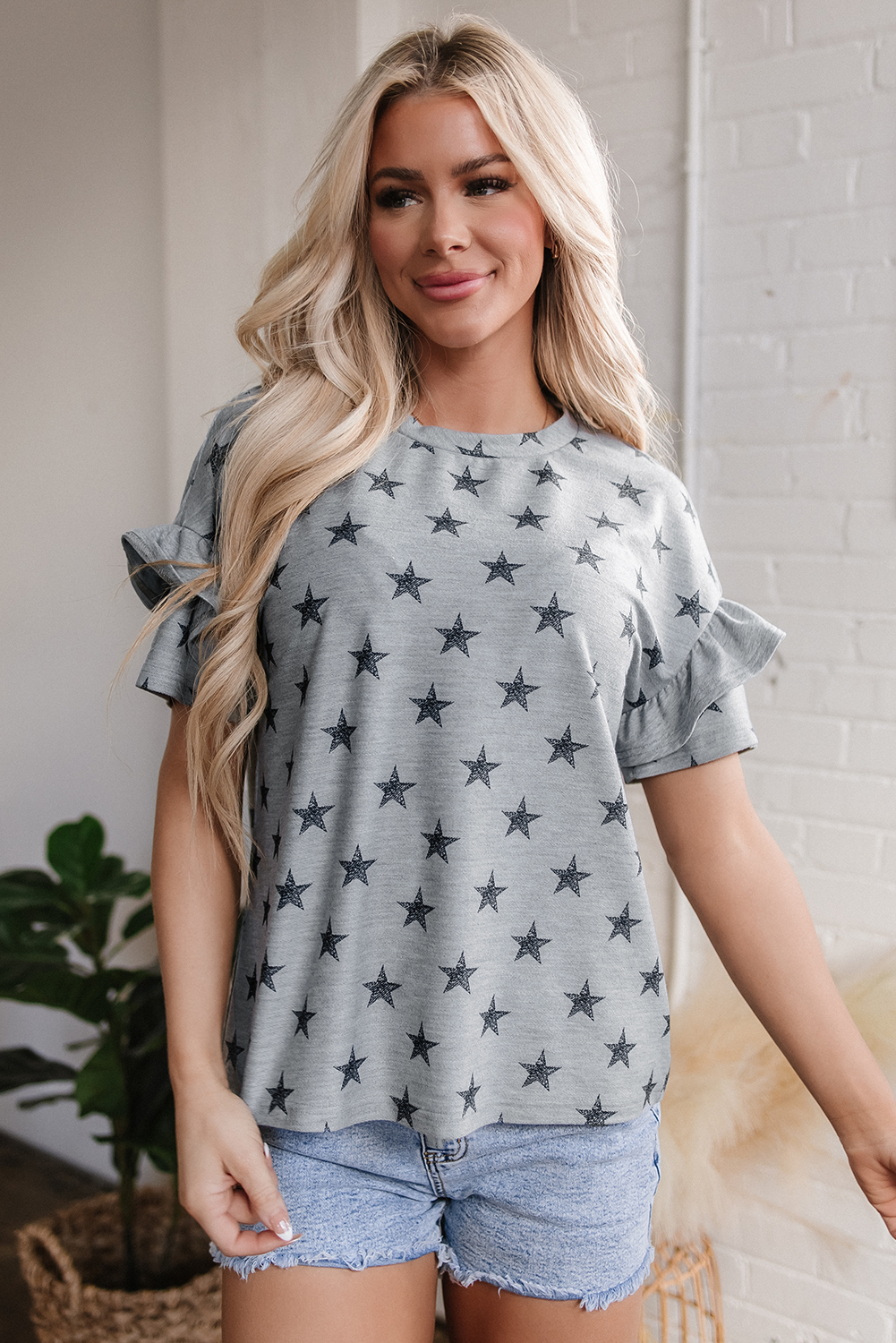 Gray Star Print Tiered Ruffled Sleeve Crew Neck T Shirt - loveforevers