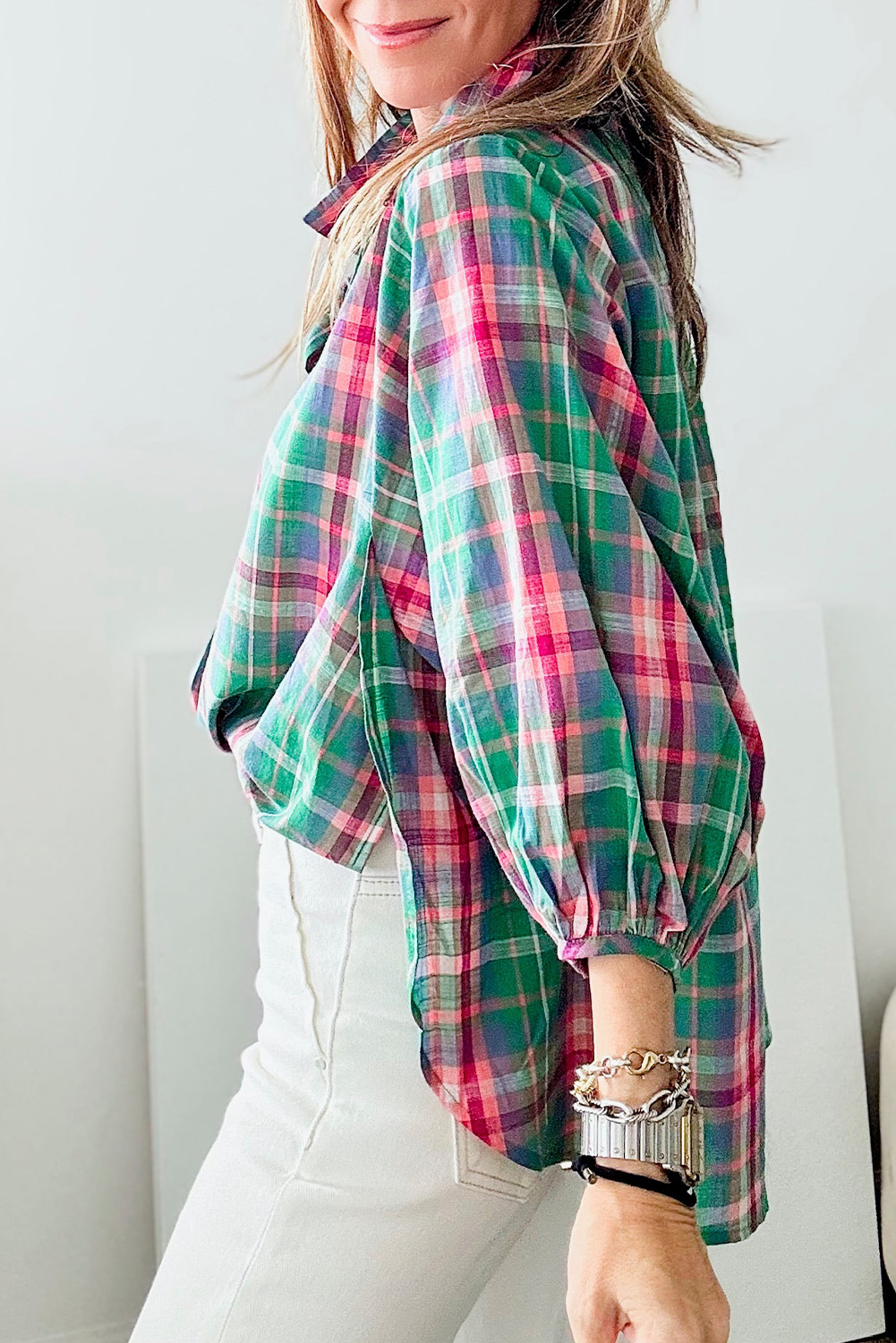 Green Checkered 3/4 Sleeve Collared Loose Fit Shirt - loveforevers