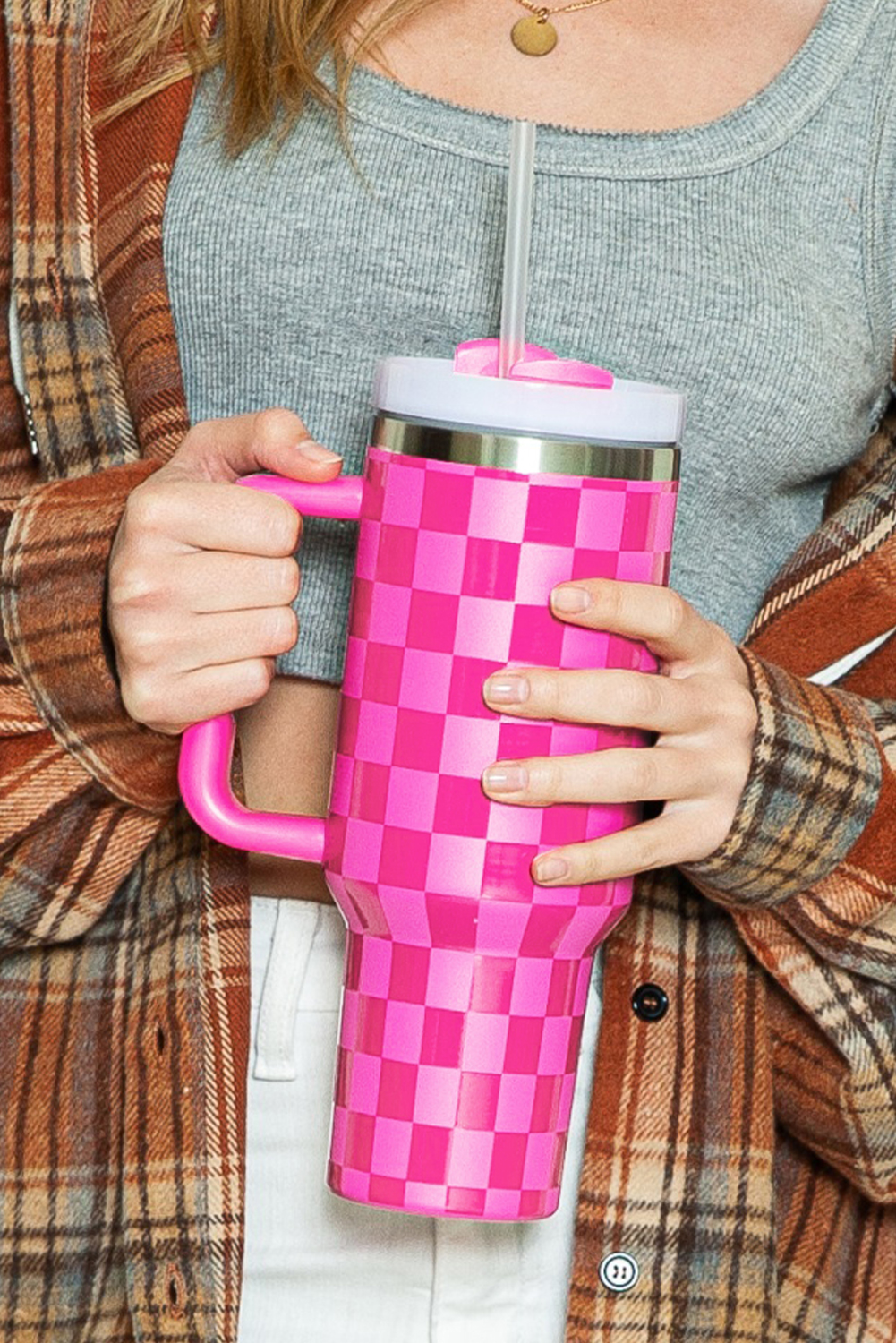 Bright Pink Checkered Print Handled Stainless Steel Tumbler Cup 40oz - loveforevers