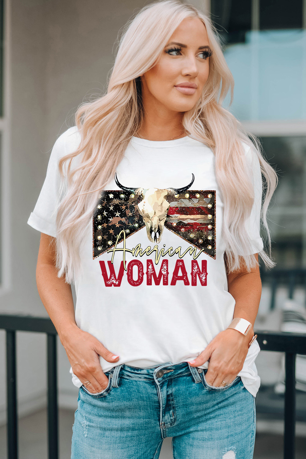 White American Woman Bull Skull Graphic T Shirt - loveforevers
