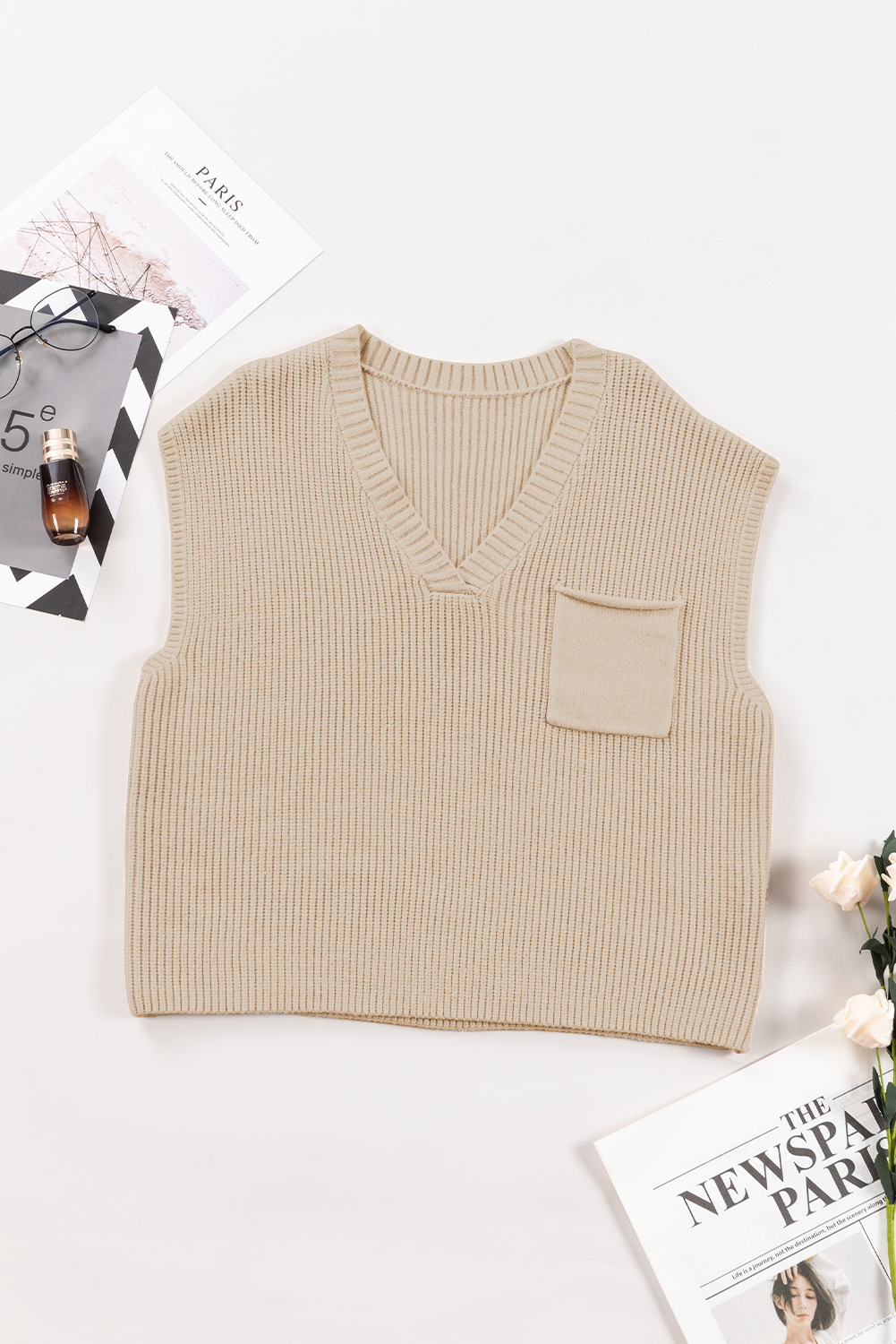 Apricot Chest Pocket V Neck Ribbed Cap Sleeve Sweater - loveforevers