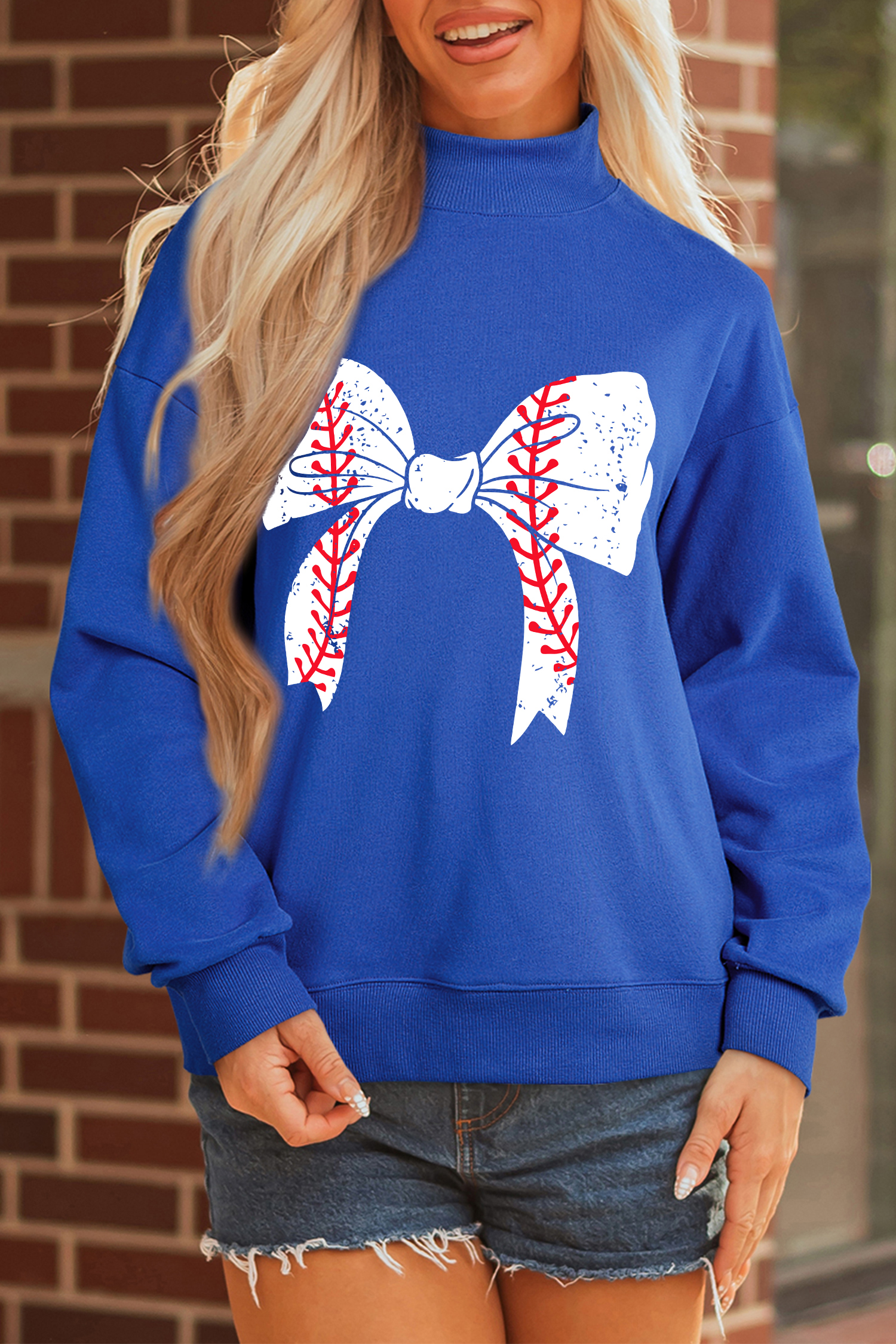 Dark Blue Baseball Large Bow Mock Neck Sweatshirt - loveforevers