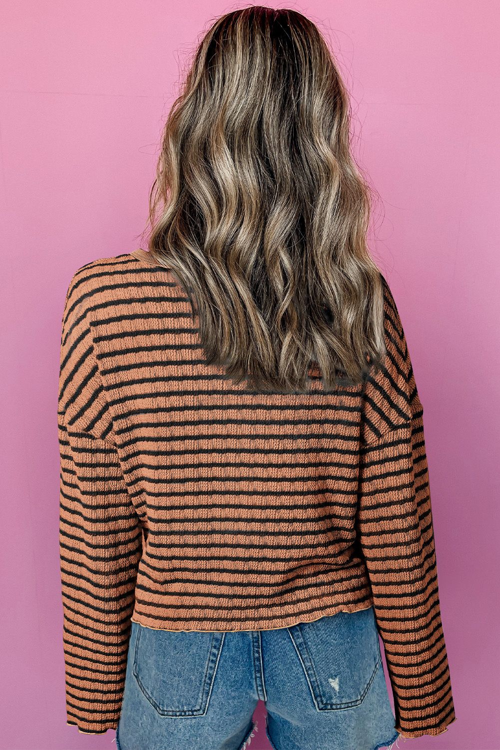 Sky Blue Stripe Textured Frilly Trim Buttons Henley Long Sleeve Top - loveforevers