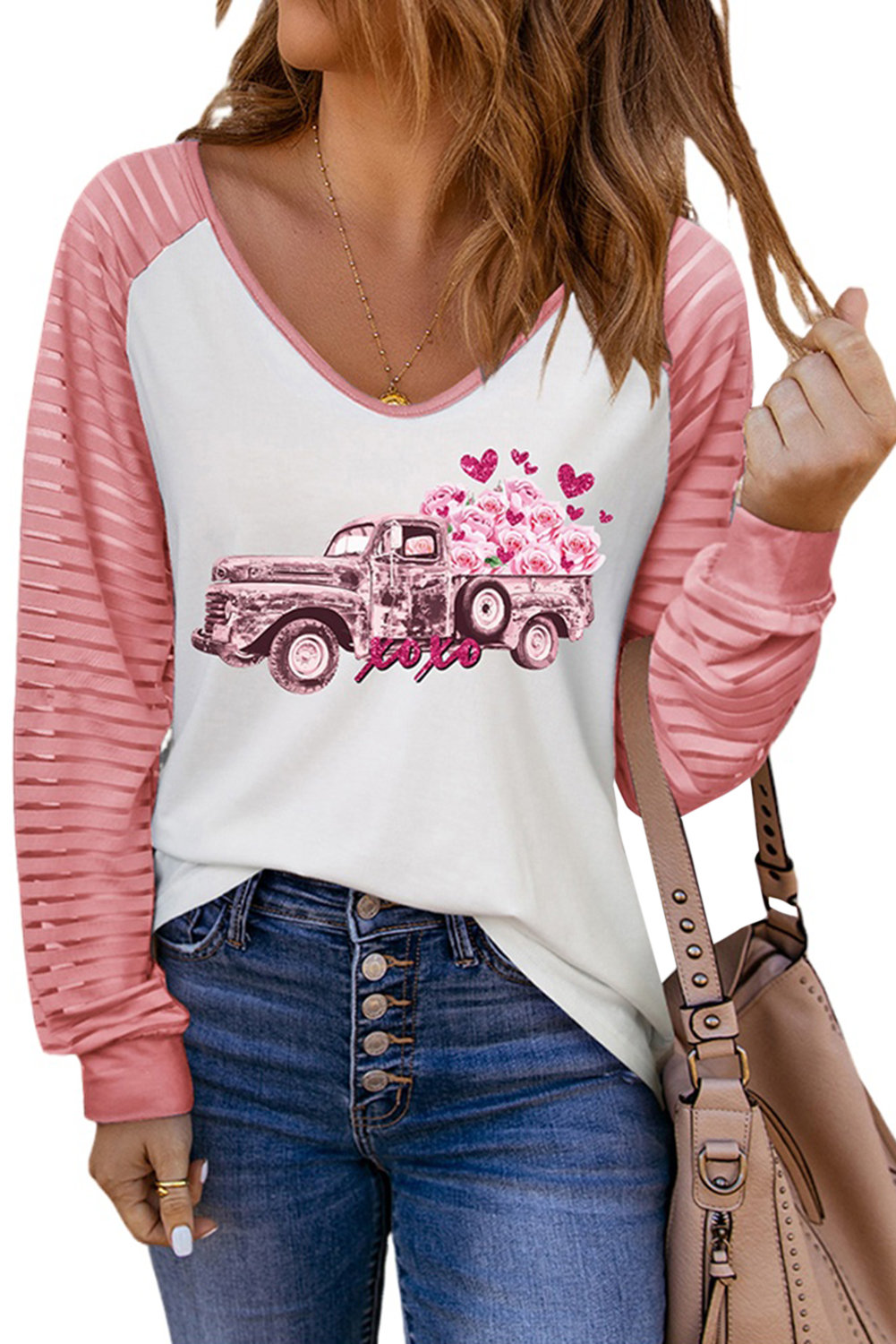 Pink Valentines Flower Car Graphic Striped Long Sleeve Top - loveforevers
